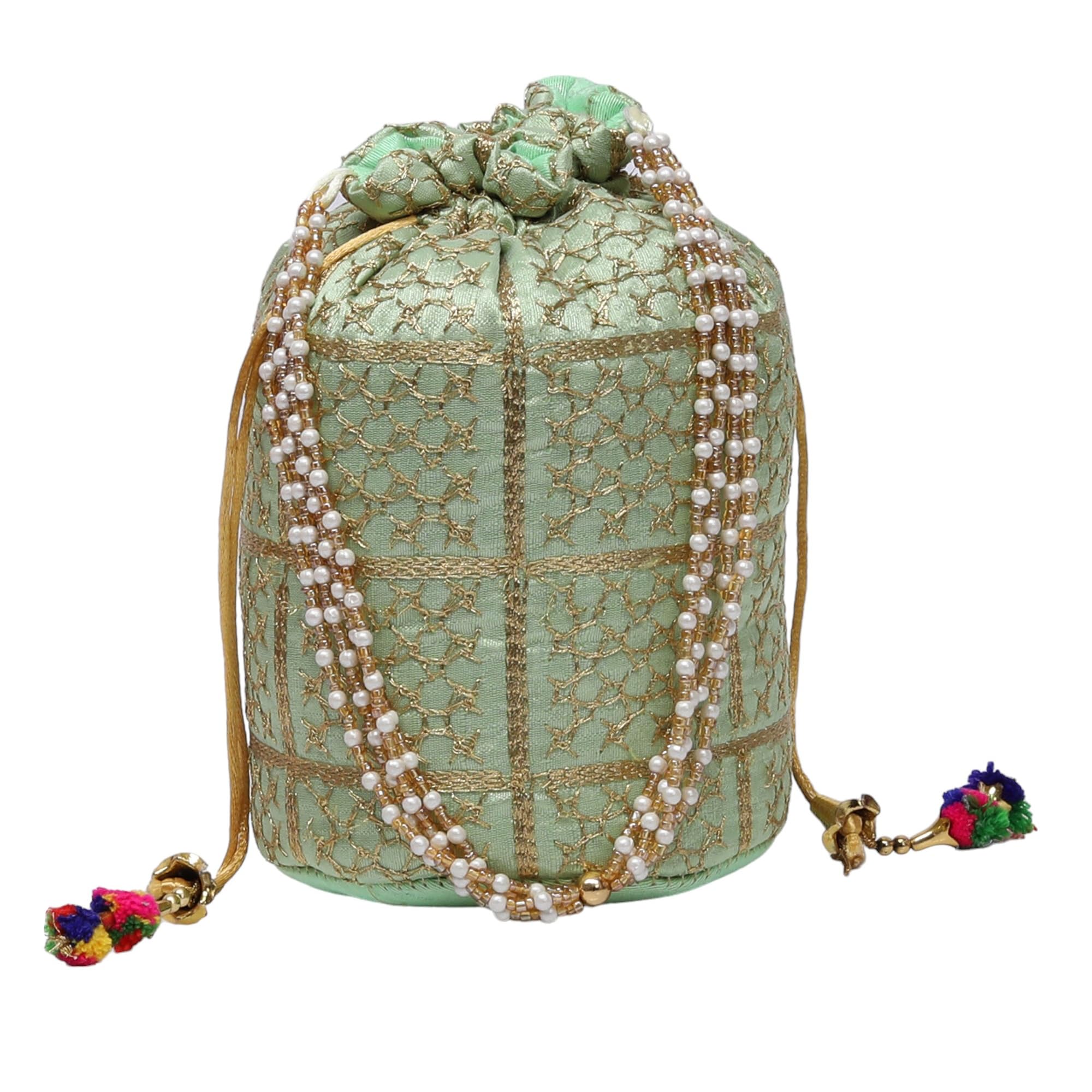 AUTHENTIC AK Embellished Silk Bridal Style Hand Embroidery Potli For Womens With Pearl Accents | Ideal For Parties, Weddings And Festive Season (Green) (B0DBVYHFXL) Amazon Price History, Amazon Price Tracker