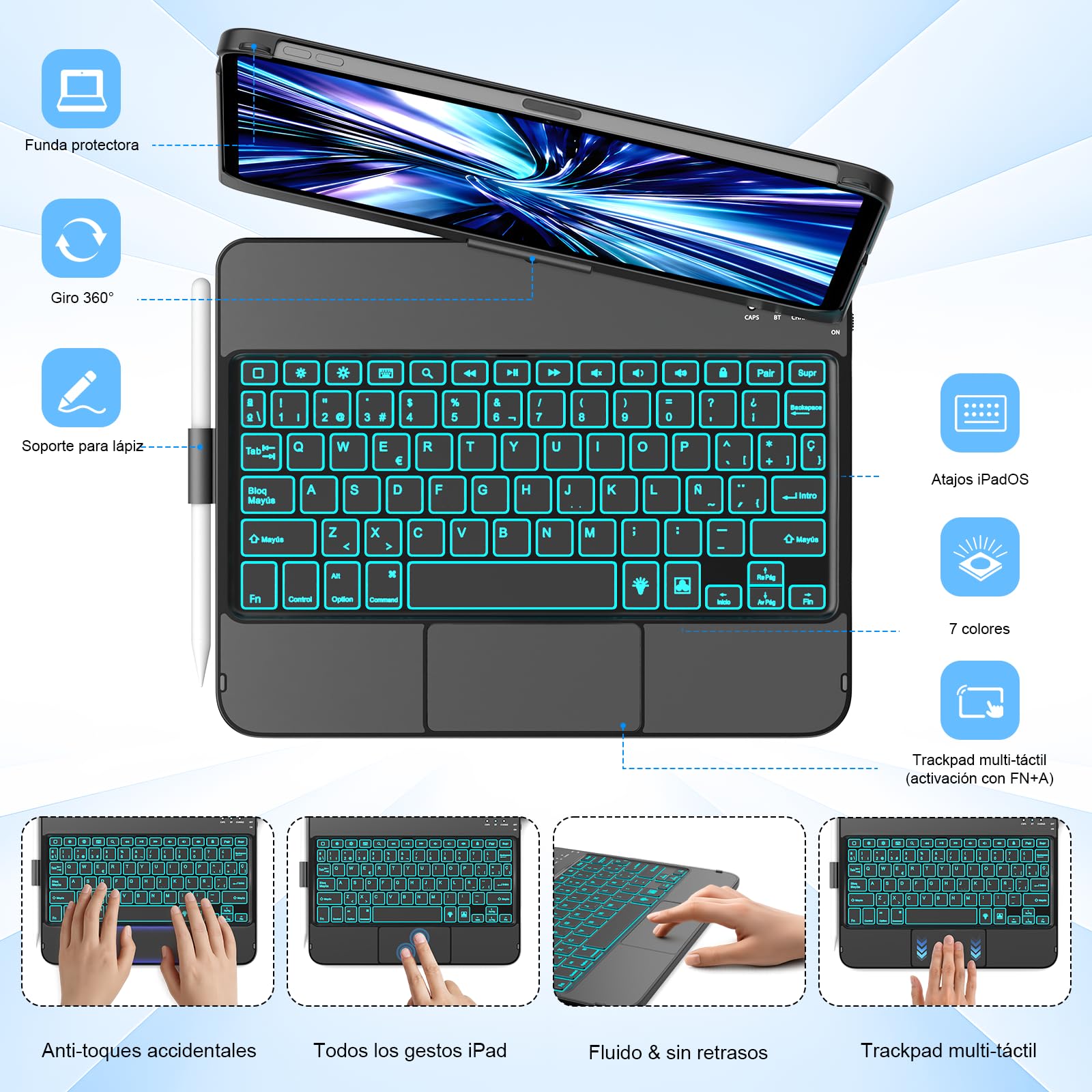 KBCASE Funda con Teclado para iPad Pro 11" (M5/M4, 2025/2024), Teclado Giratorio 360° con Panel Táctil, Iluminación Trasera de 7 Colores (Negro)