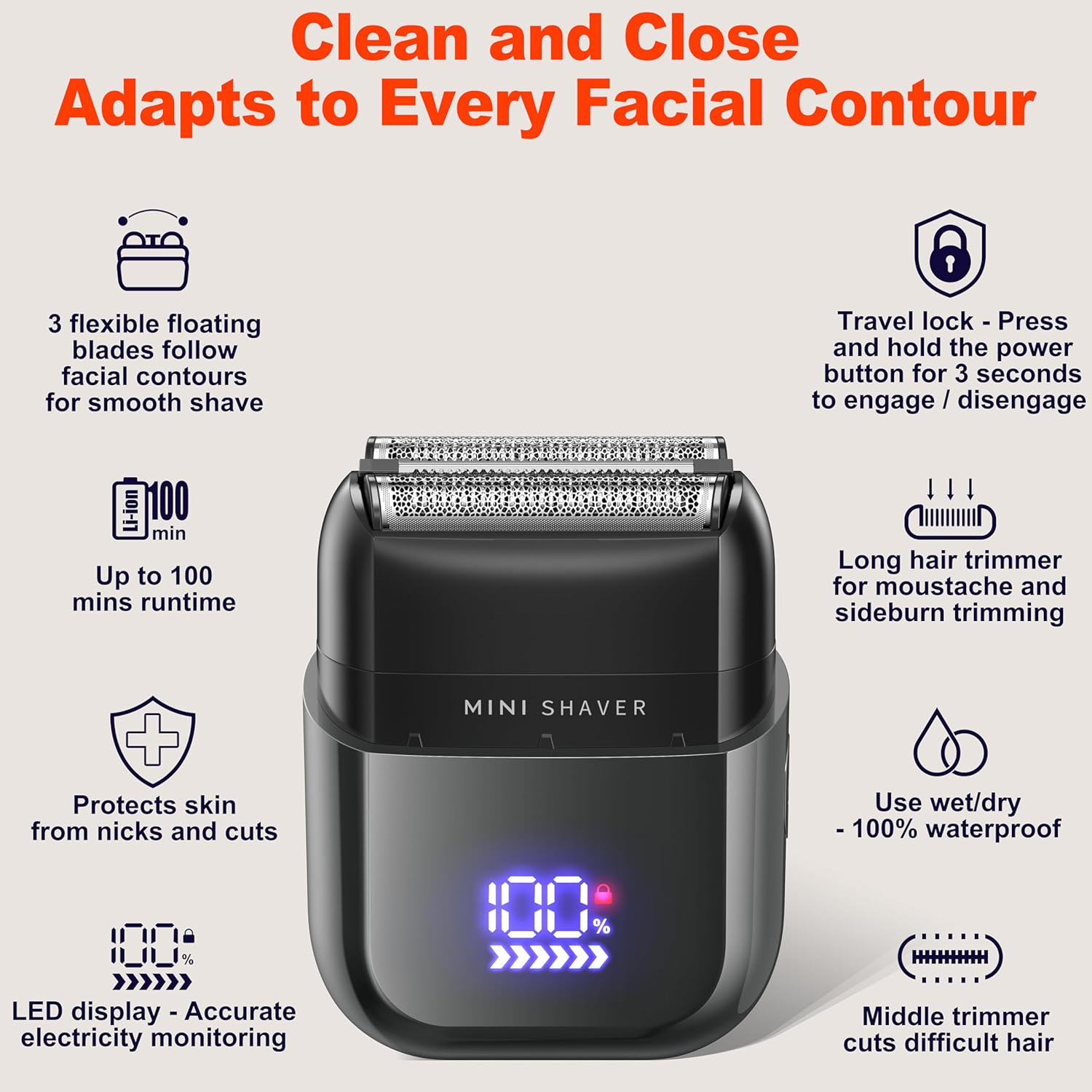 Telfun Mini Electric Foil Shavers for Men, Portable Men's Travel Facial Hair Groomer, USB-C Electric Beard Shaver with Full Body Waterproof & Big LED Display, Close Face Shaver for Head, Beard, & Neck - Image 3