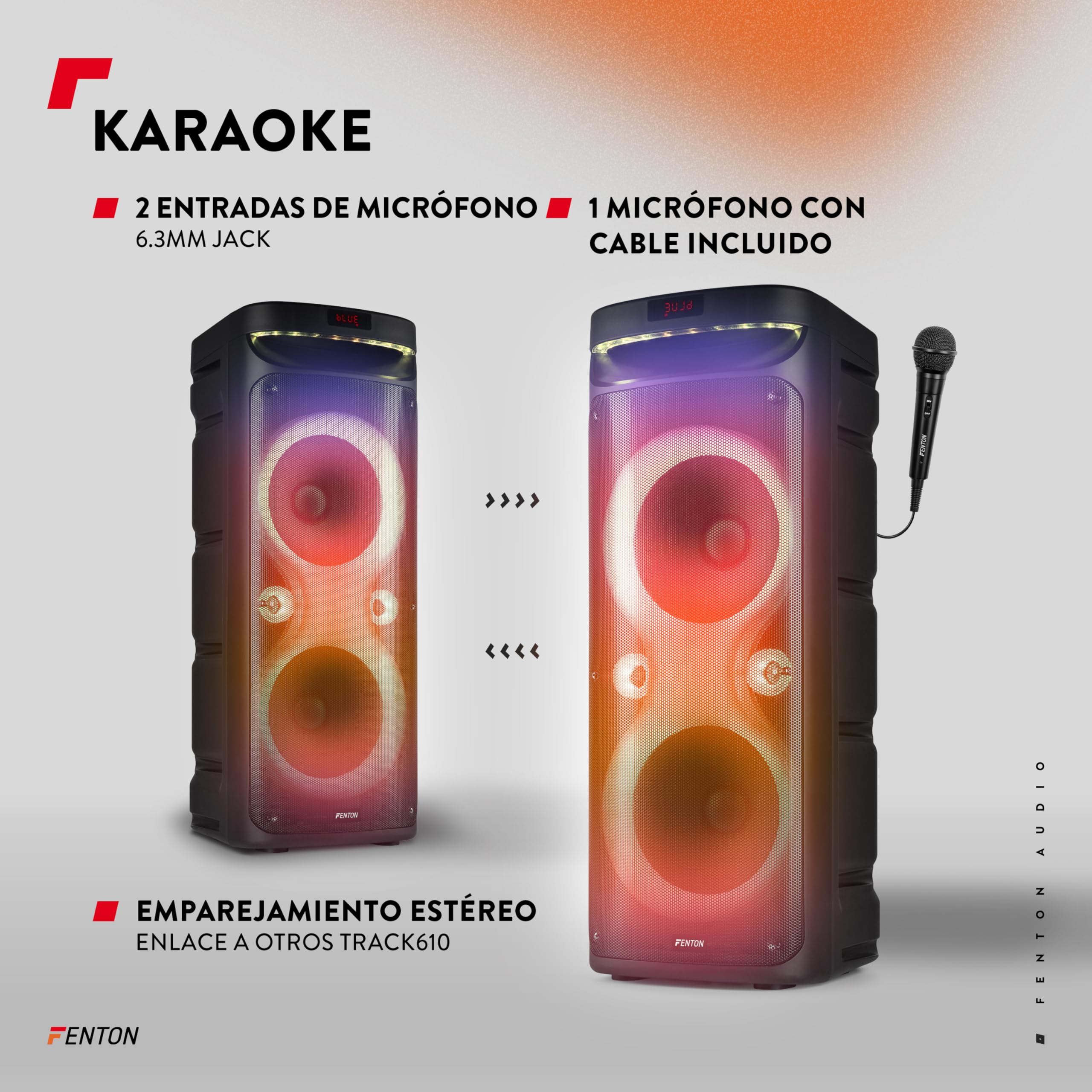 Fenton Track610 – Altavoz Bluetooth portátil 240W con micrófono con Cable, batería Recargable, Luces LED, USB, microSD, Altavoz portátil Potente Karaoke Machine, Modo Stereo Pairing, Color Negro