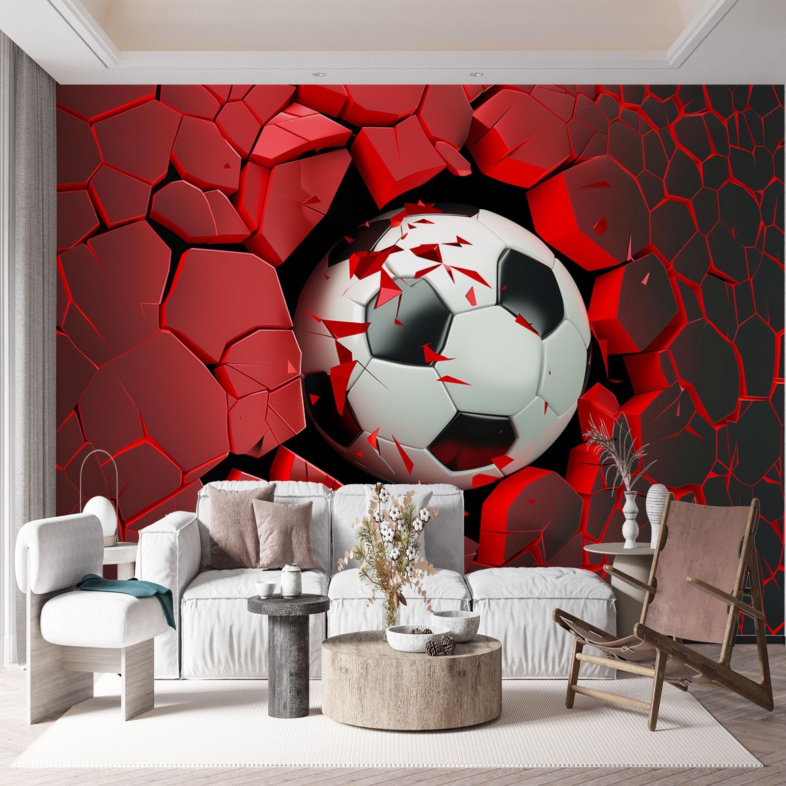 3D Tapete 3D-Sport Fußball Fototapete, 300 x 210 cm (WxH) Wandbild Wandtapete Dekorationen, für Wohnzimmer Schlafzimmer Büro, Flur, Rot Vlies Tapete Wanddeko