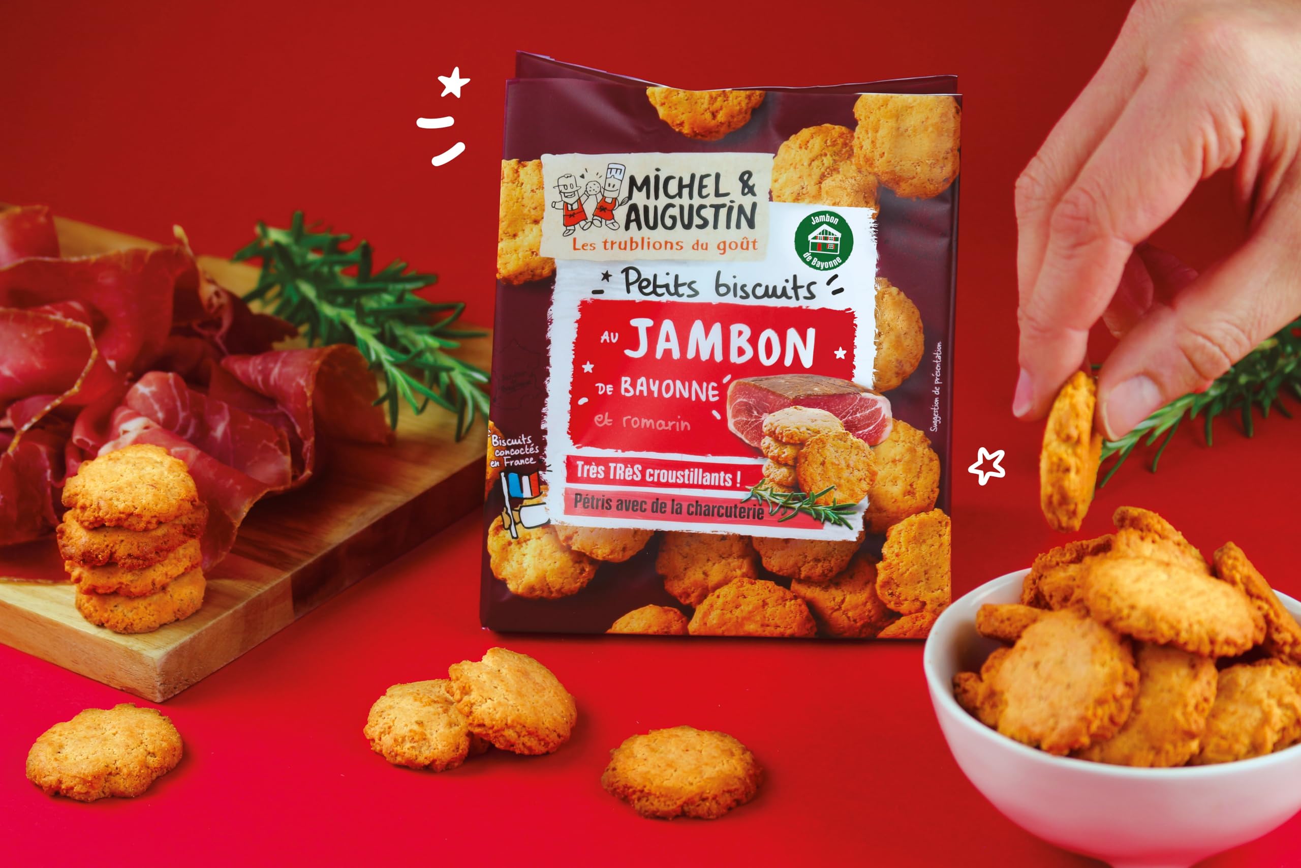 Michel & Augustin – Petits Biscuits Salés au Jambon de Bayonne IGP et Romarin – Biscuits Apéritifs Très Très Croustillants – Fabriqués en France – 90g x 8