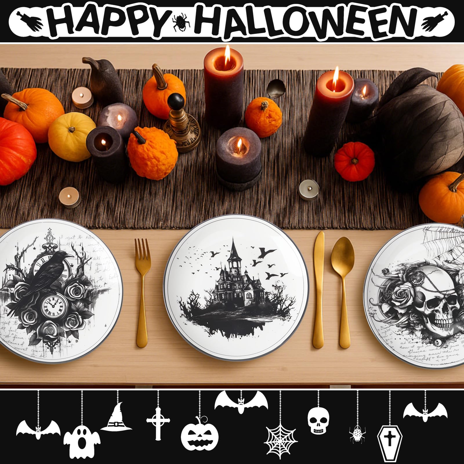 Vesici 4 Stück Halloween Gothic Geschirr Halloween Muster Keramik Teller Gothic Geschirr Set Schädel Speiseteller Küche Dekoration Gruseliges Geschenk für Zuhause Deko