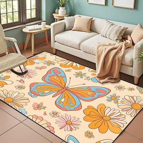 Alfombra retro de los años 70 y 60, diseño hippie de verano, con diseño de mariposas y flores, alfombra de juego para exteriores, alfombra de juego
