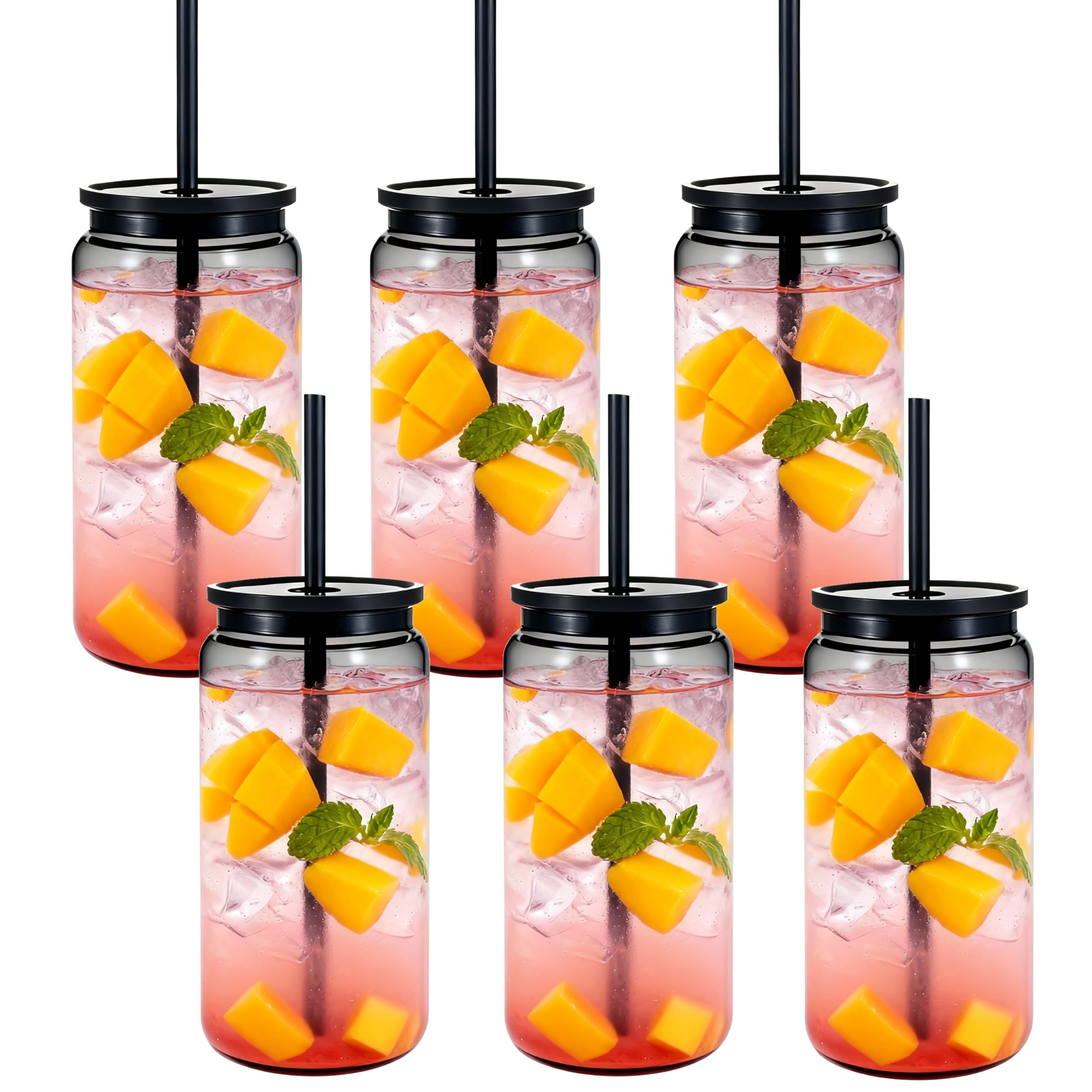 Yisituo 500ml Plastic Cups with Lids and Straws, Reusable Iced Coffee Cups, BPA Free for Smoothies, Hot/Cold Drinks, Cola, Juice, Soda, 6 Pack (6, Light Black)