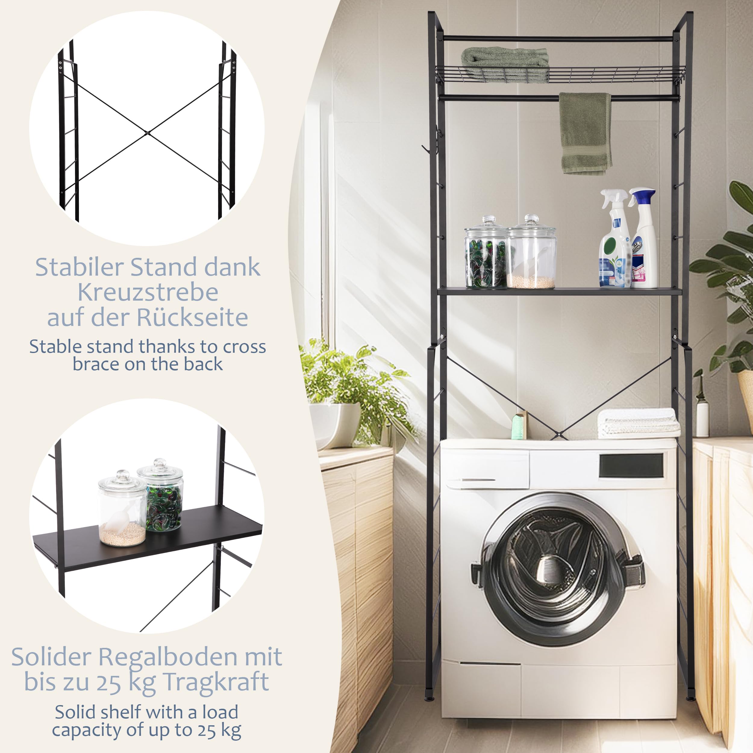 ONVAYA® Waschmaschinenregal ǀ schwarz ǀ mit Kleiderstange und 4 Haken ǀ ideal über Waschmaschine, Trockner oder WC ǀ Toilettenregal aus Metall