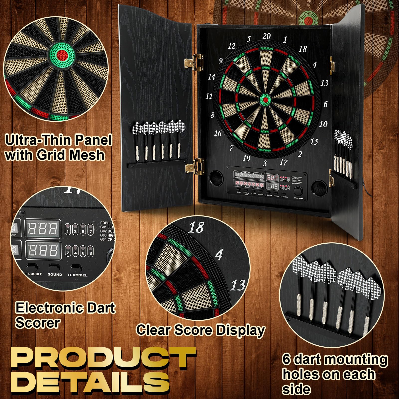 Arrowbash Elektronische Dartscheibe Schrank Set LED Elektronische Dartscheibe Holz Dartscheibe Schrank mit 8 Spielern 25 Spielen12 Soft Tip Darts 50 Ersatz für Erwachsene Familienspiel Keller Rec Room