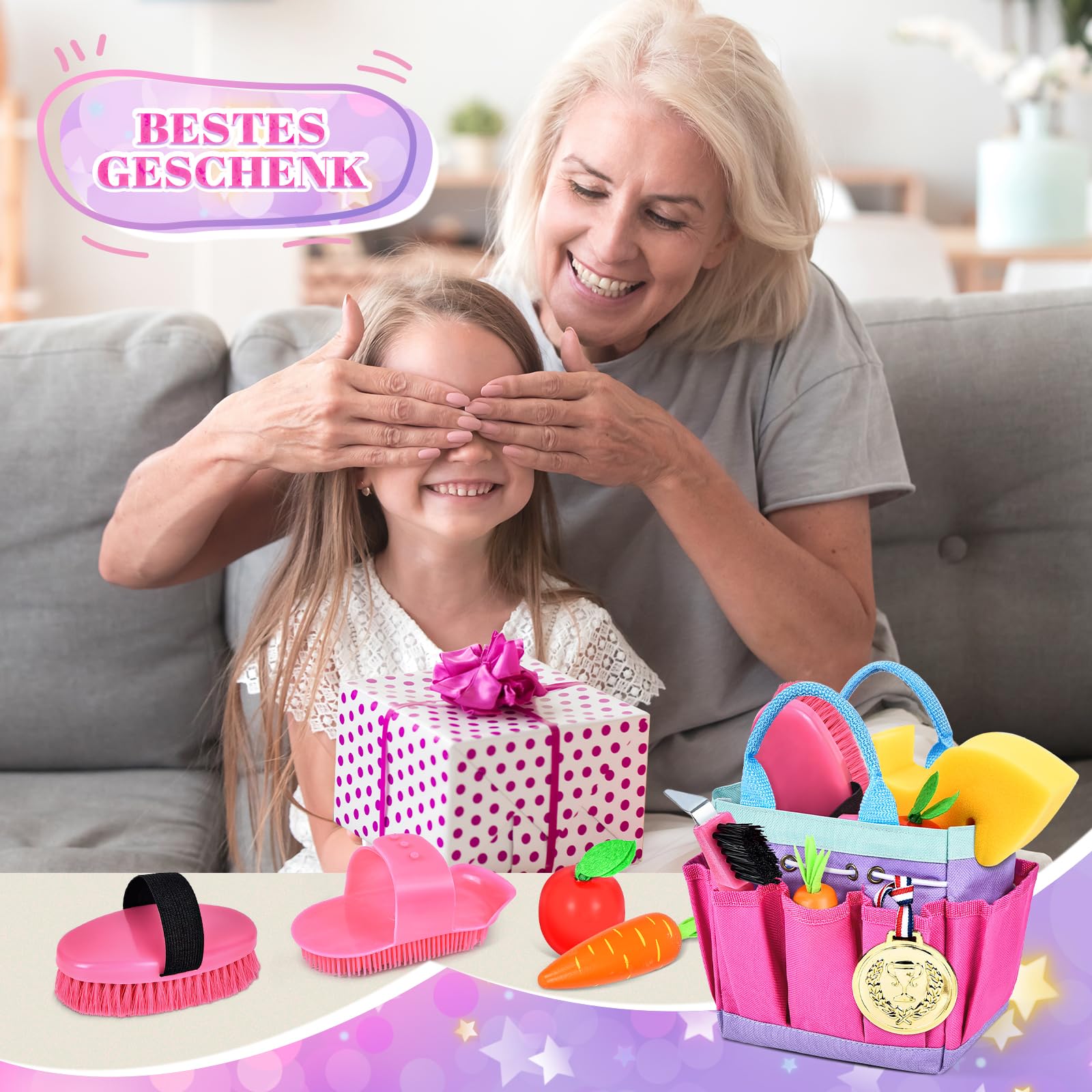 Joellfuner Pflegeset für Pferde mit Tasche, Spielzeug Putzzeug Pferde für Kinder, Zubehör für Pferde Spielzeug Rosa mit Kardätsche, Massagebürste, Mähnenkamm, Hufkratzer, Pferdchenschwamm
