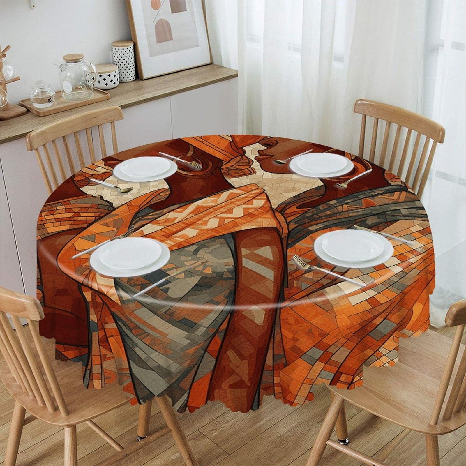 VstaDank Africa Ethnic Pottery Round Tablecloth Wipeable Round Polyester Tablecloth Waterproof Wrinkle Free Indoor and Outdoor Table Cover 60 Inch Decorative Farmhouse Table Cloth for Dining