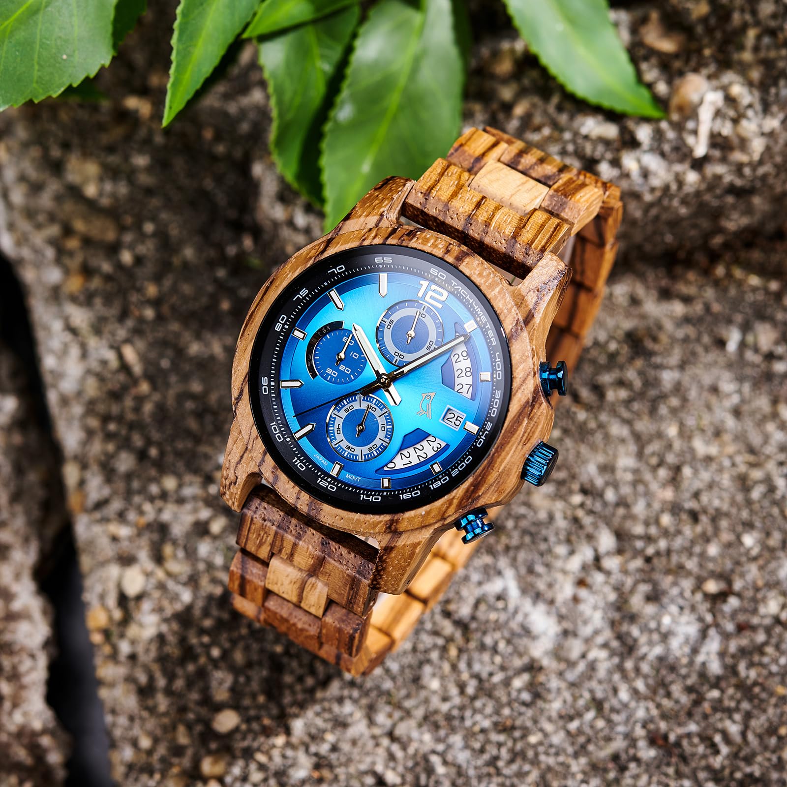 2win Reloj de madera grabado para hombre, esfera azul de cebra, reloj cronógrafo para marido, aniversario, cumpleaños, Navidad, día de San Valentín, regalo de esposa