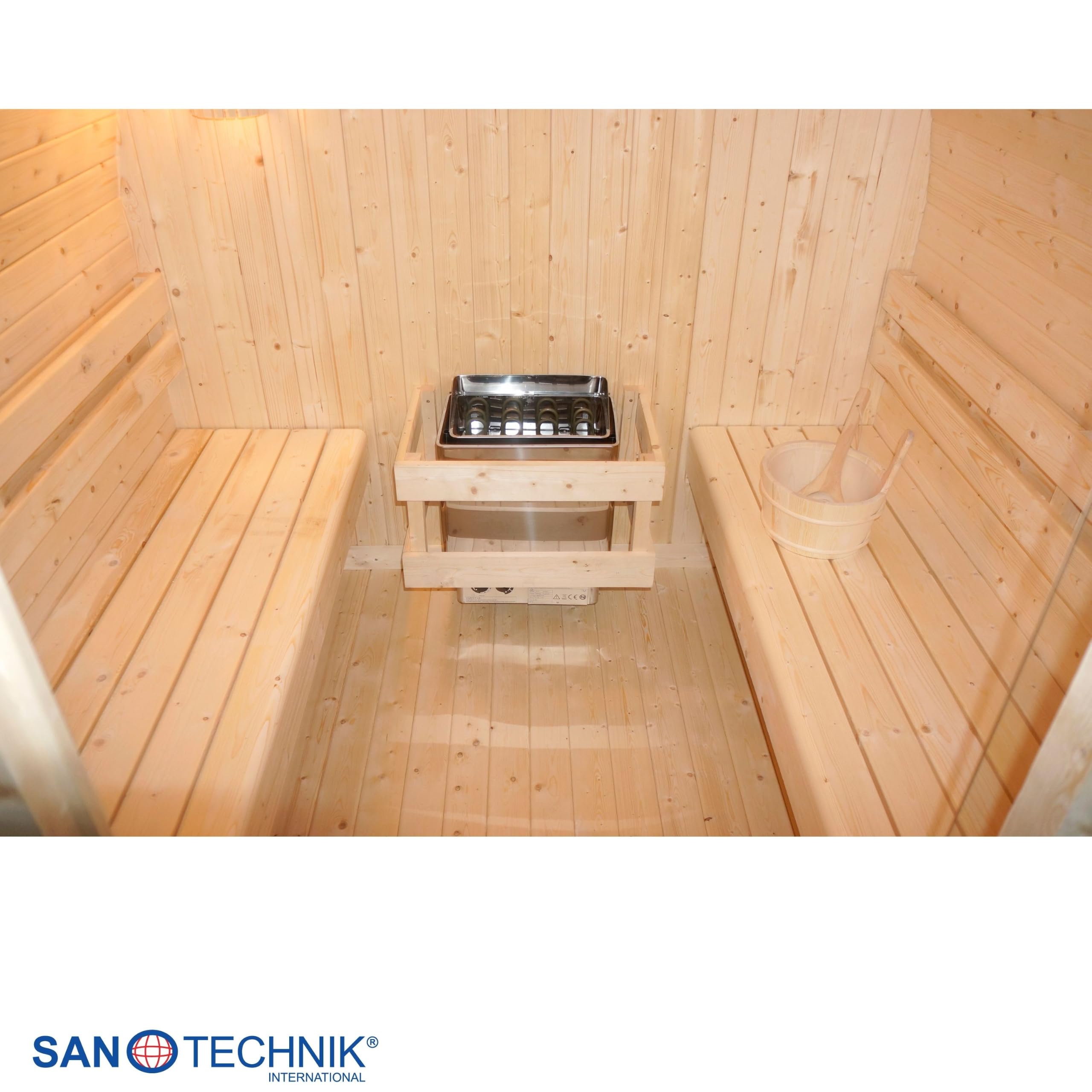 SANOTECHNIK Außensauna Island XL für 4 Personen Fichte Naturbelassen 220 x 189 x 200 cm mit 6 mm Sicherheitsglas-Tür und 3,8 cm Wandstärke