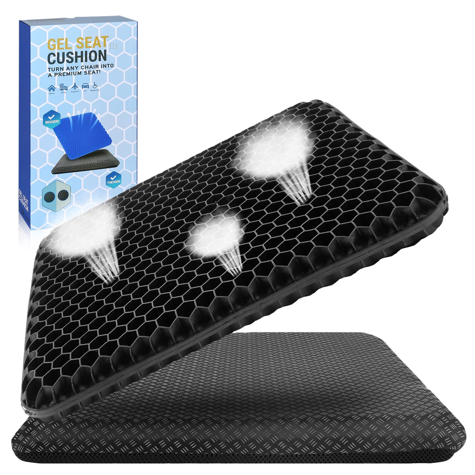 Extra großes Gelkissen, doppellagiges, verdicktes orthopädisches Sitzkissen mit rutschfester Stoffhülle. Atmungsaktives Stuhlkissen, geeignet für Bürostühle, Rollstühle und Autositze（47*44*4)
