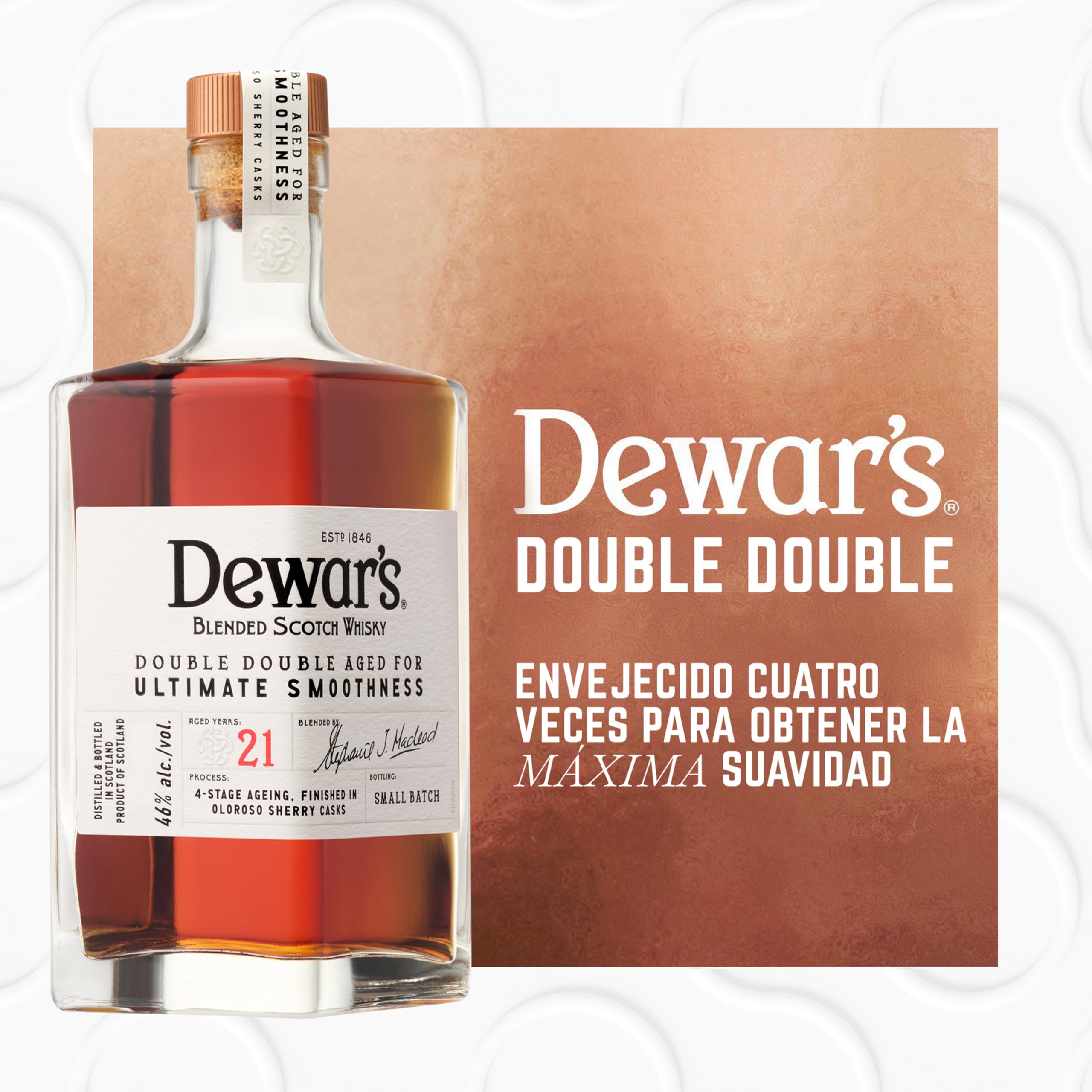 Dewar's Double Double 21 Year Old Blended Scotch Whisky, 46% ABV, 500ml, con Caja de Regalo, Acabado en Barricas de Jerez Oloroso, 50cl
