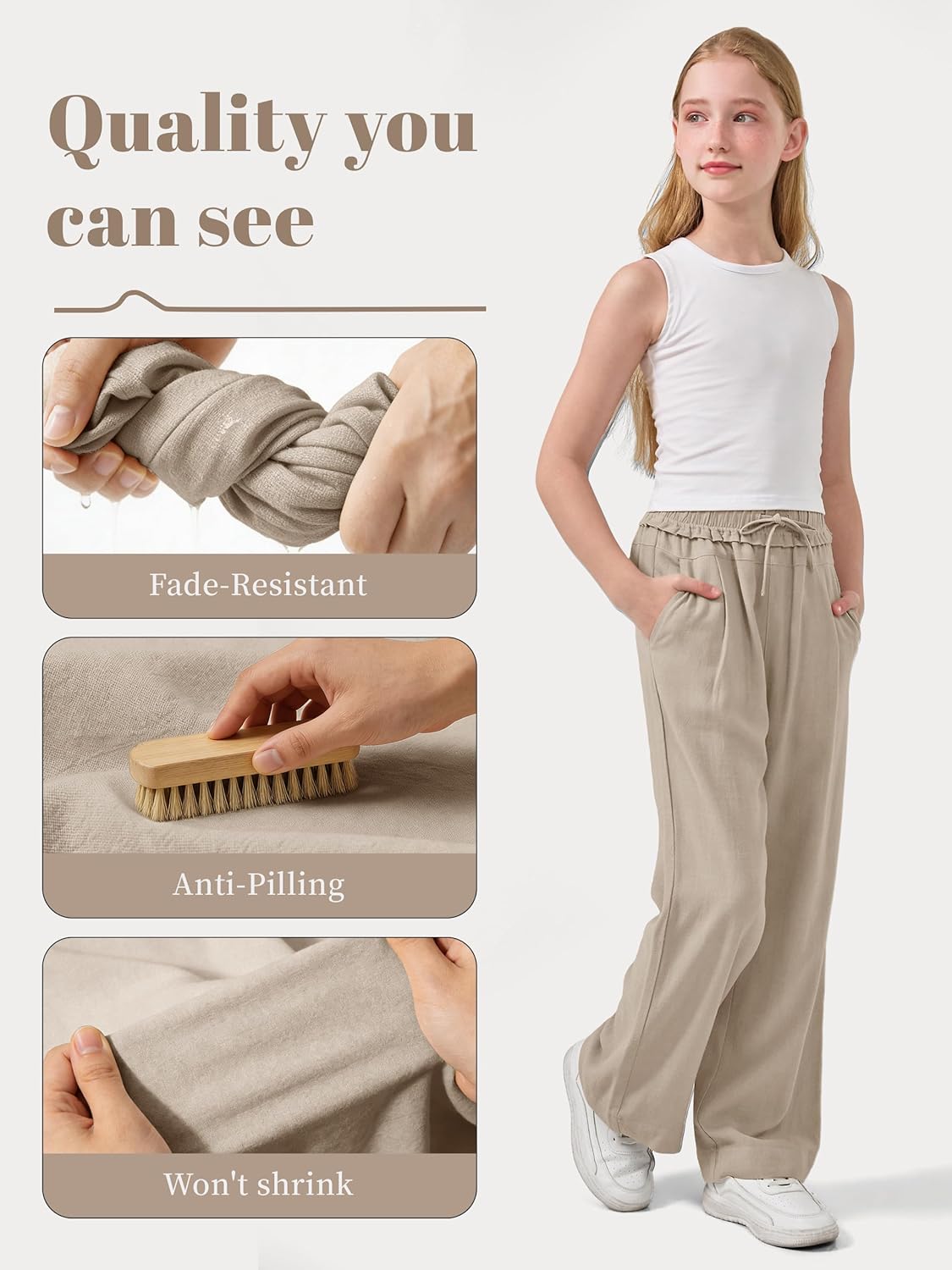 Rolanko Girls Wide Leg Linen Pants Breathable Flowy Palazzo Trousers for School Beach Daily Wear 9-15 Years
