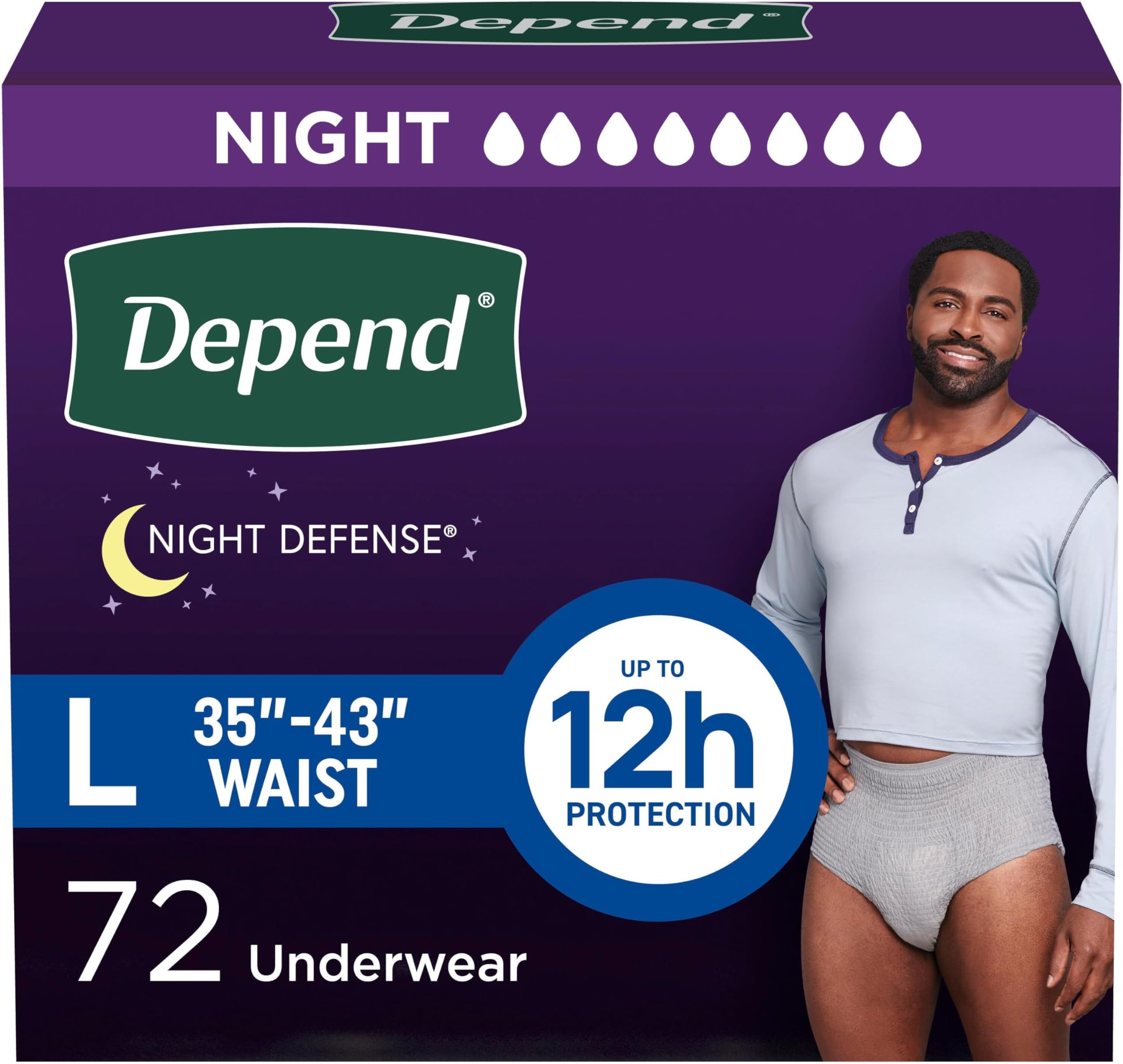 Night Defense Adult Diapers, Incontinence Underwear for Men, Disposable, Overnight, Large, Grey, 72 Count, Packaging May Vary