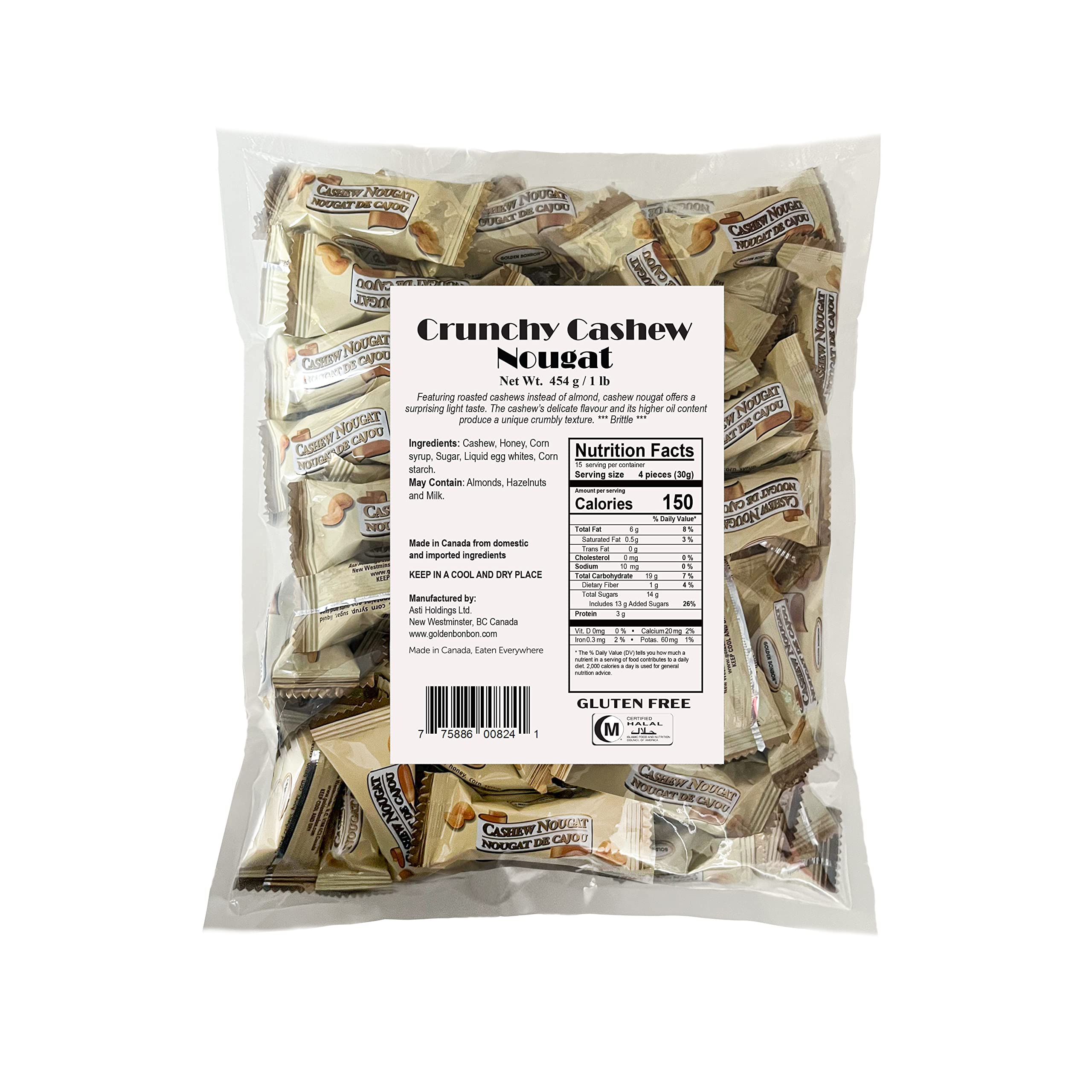 Golden BonbonItalian Crunchy Cashew Nougat Candy, Individually Packed Chewy, Gluten Free Nougat, Full of Almonds, Halal Candy (16 Oz, Crunchy Cashew)