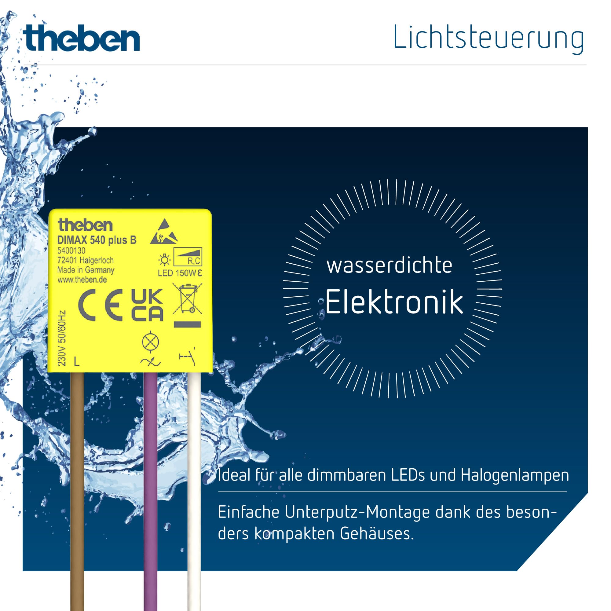 Theben 5400130 DIMAX 540 plus B - Mini Unterputz-Dimmer I benötigt keinen Neutralleiter I 100 m Kabellänge I Memory Funktion I Altbau, Nachrüstung und Renovierung I Einstellbare Mindesthelligkeit