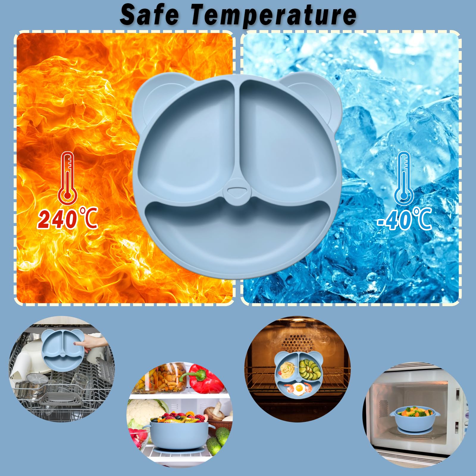 10 Pezzi Set Pappa Svezzamento, Svezzamento Set Silicone Piatto con Ventosa Ciotola Cucchiaio Forchetta Tazza Bavaglino, Training Esercitarsi A Mangiare Da Soli, Set Pappa Svezzamento(Blu)