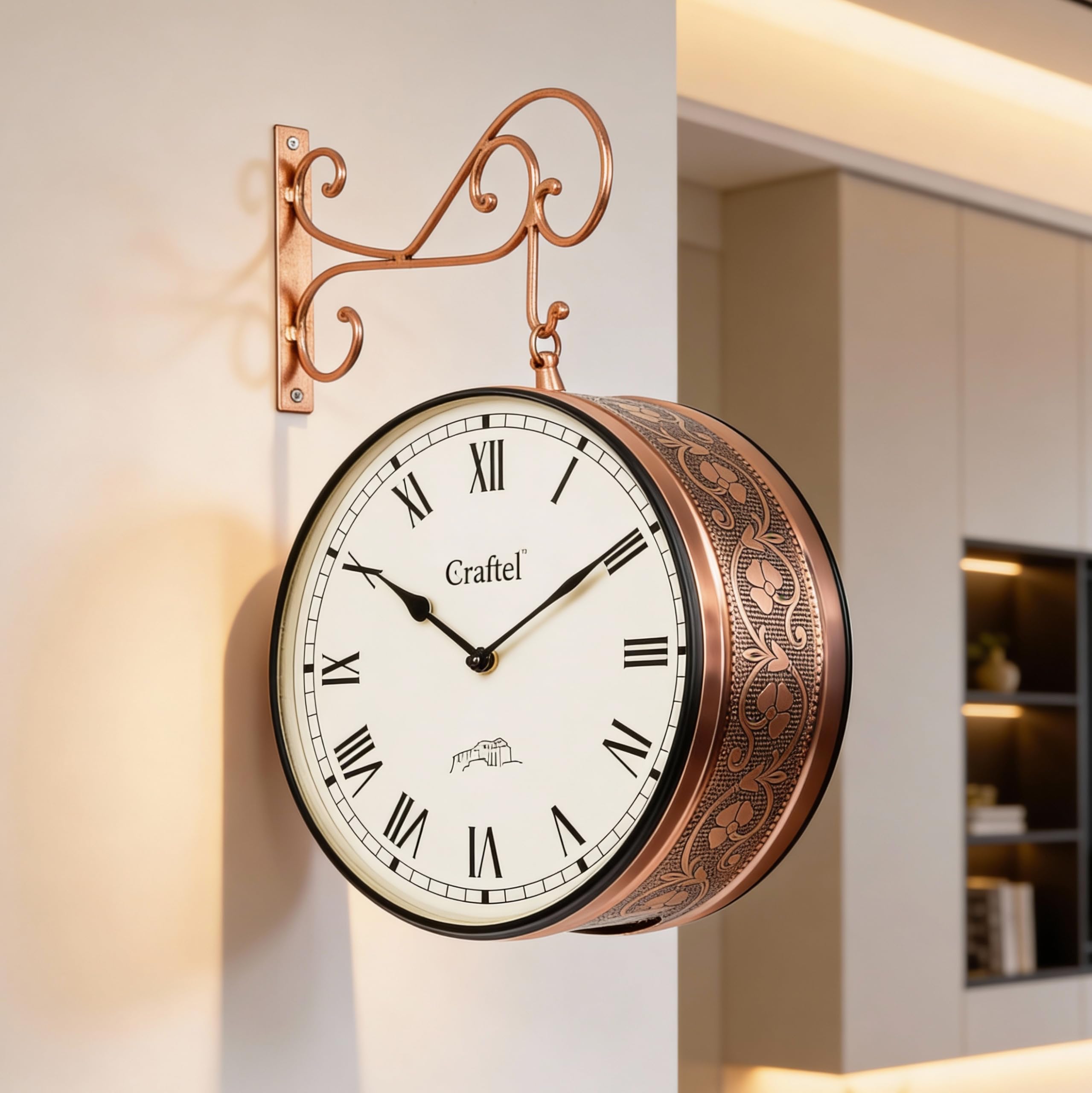 CRAFTEL Double Sided Station Wall Clock Multi-Layer Electroplated | Both Side Roman Numerals | Aluminum Matte-Finish Dial Metal Body | Dial - 12 Inches, Rose Gold | 365 Days Warranty
