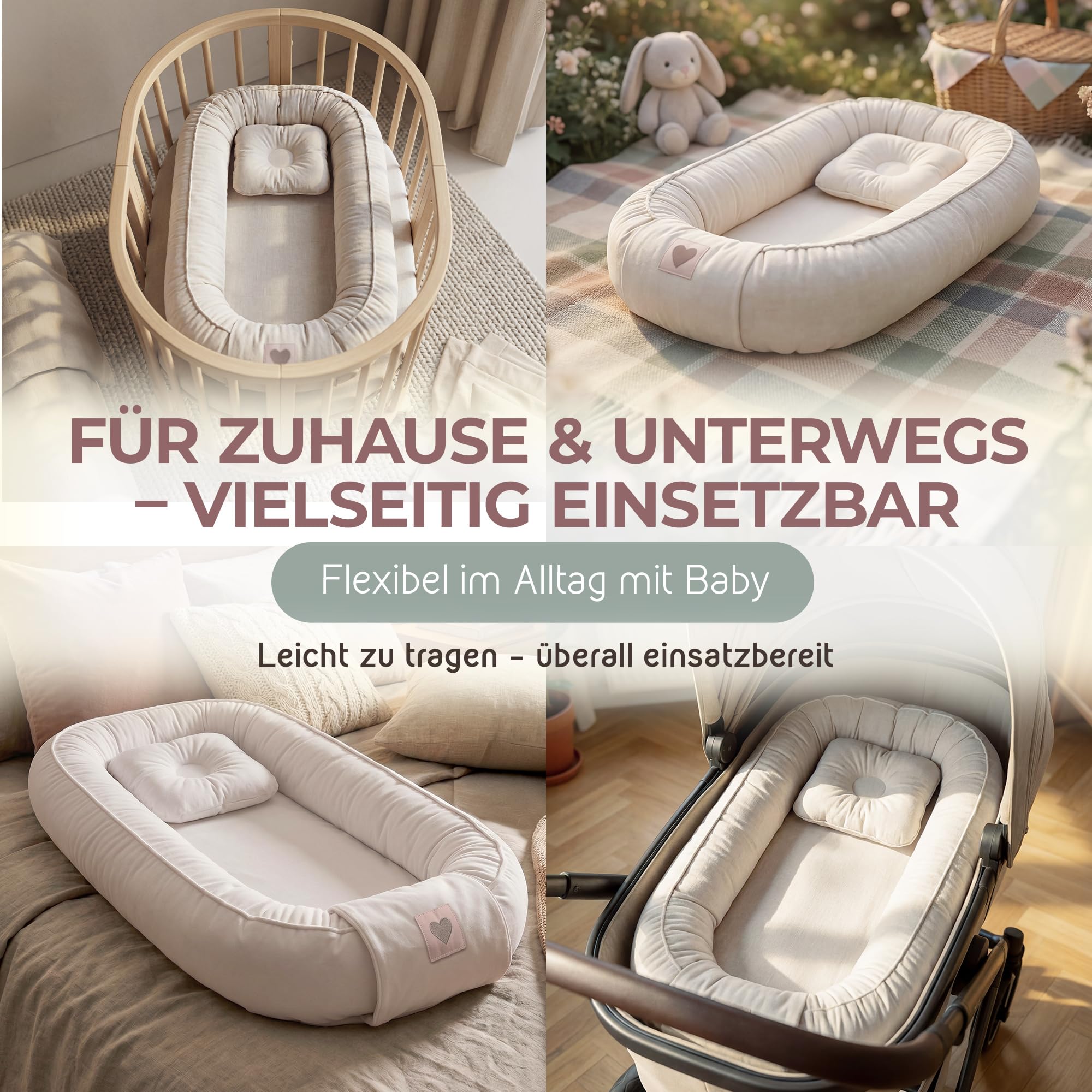 mimi kalu® Babynest für Neugeborene 100% Soft-Cotton Bezug, mit extra hohen Rändern (sicher) & Snuggle Hug Decke Bettschlange Baby Nestchen Baby