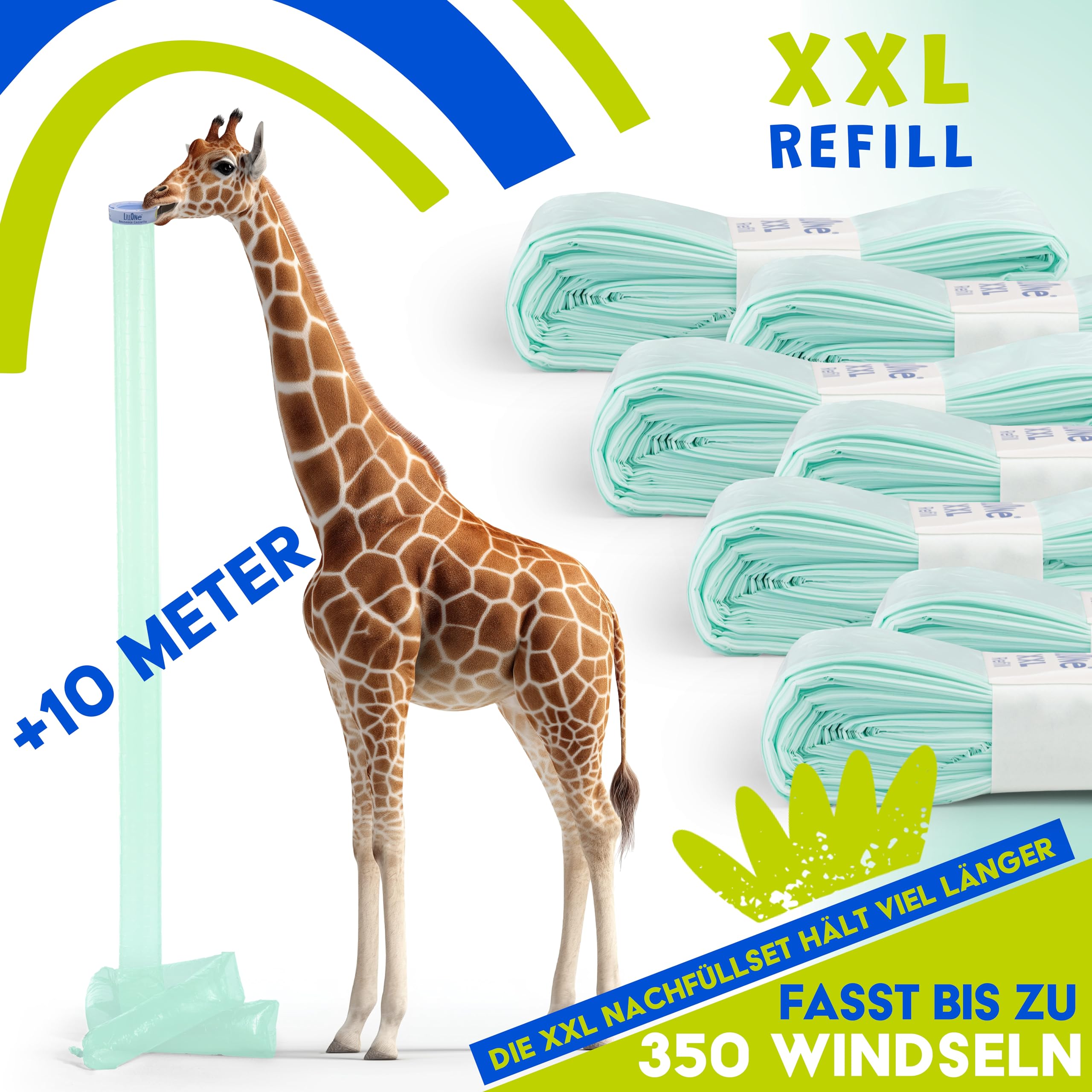 LillOne 12 XXL-Nachfüllungen Extra Lang 10,5 m für Windeleimer – Universell kompatibel mit Tommee Tippee, Munchkin, Angelcare, LitterLocker und anderen – Dickere Folie mit Geruchskontrolle