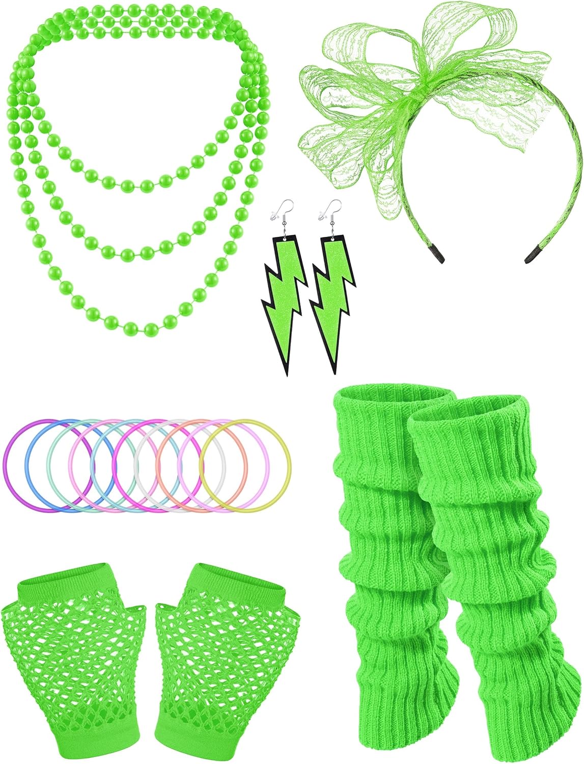 Yuriko Women 80s Outfit Party Costumes Fishnet Neon Off Shoulder T-Shirt Two Pieces With 80s Fancy Dress Costume Accessories - Image 6