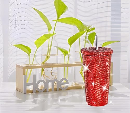 Miniatura 3 de MXCVER Vaso rojo con diamantes brillantes y brillantes, con tapa, de acero inoxidable al vacío, con popote térmico y diamantes de imitación para