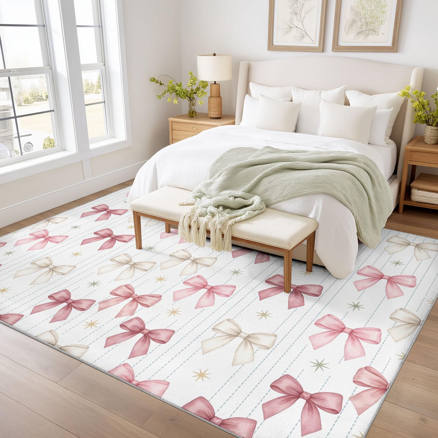 Tappeto morbido, lavabile, con fiocco, a righe, per soggiorno, camera da letto, lavabile, morbido, antiscivolo, decorativo, 80 x 150 cm