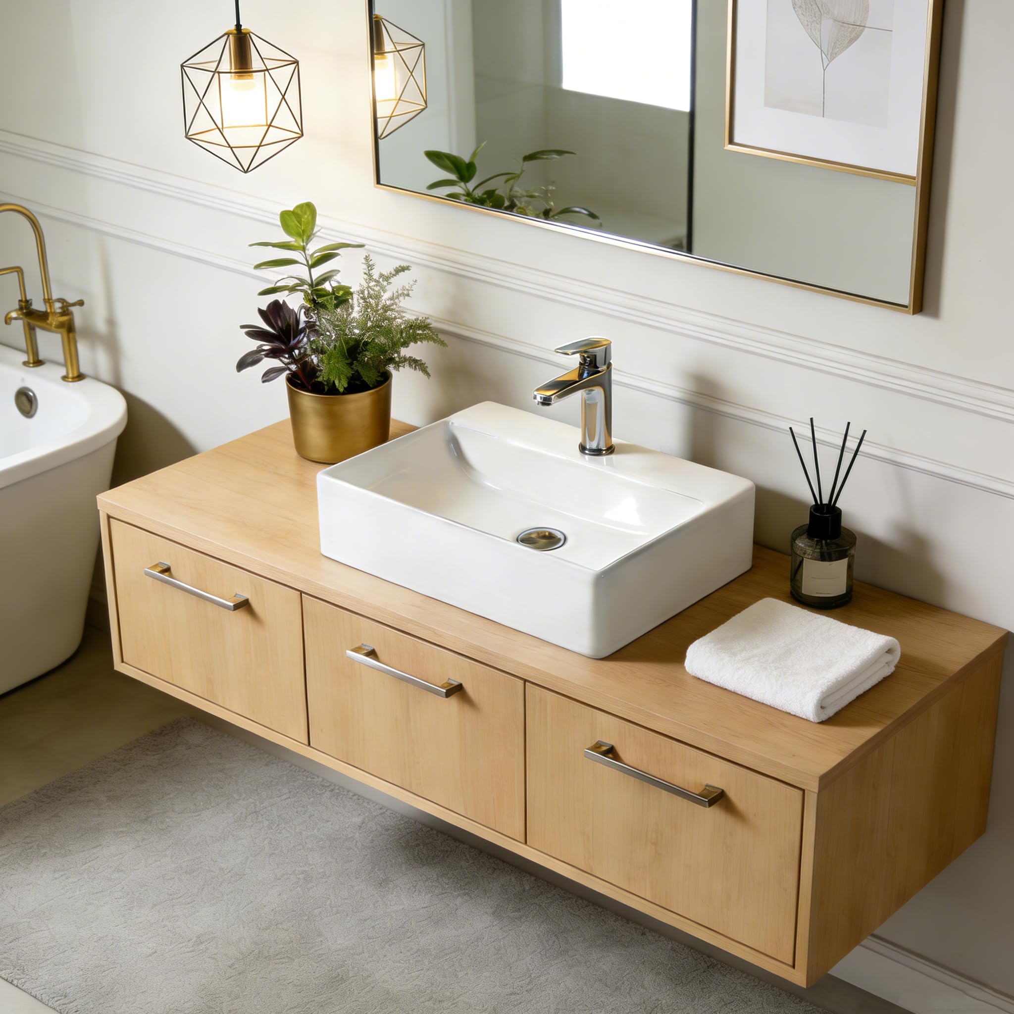 NUESTRA VIDA​ Lavabo à Poser Blanc Rectangulaire | Céramique Haute Qualité | Pour Salle de Bain & WC | Dimensions : 51 x 36 x 12 cm