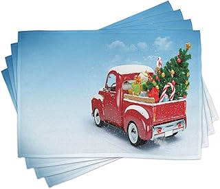 Ambesonne Christmas Place Mats Set of 4, Classical Pickup Truck Tree Gifts and Ornaments Snowy Winter Day Image Print, Was...