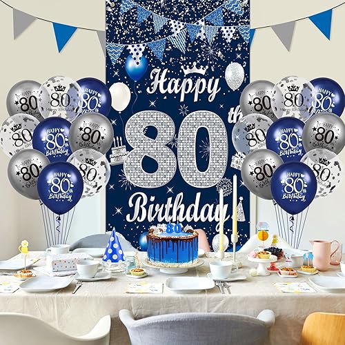 Miniatura 2 de Decoraciones de cumpleaños número 80 para hombres, color azul marino, plateado, cubierta de cartel de feliz cumpleaños 80 y 18 globos de cumpleaños