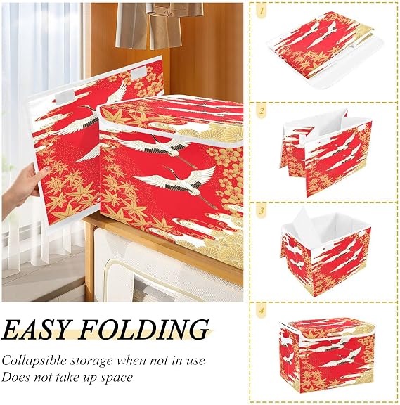 Storage Bins with Lid, Japanese Cranes Flower Maple Storage Box Organizer Toys Bedroom Nursery, 16.5x12.6x11.8 Large Collapsible Storage Cube for Home Office Closet Shelf