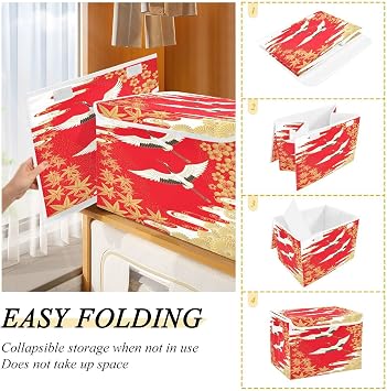 Storage Bins with Lid, Japanese Cranes Flower Maple Storage Box Organizer Toys Bedroom Nursery, 16.5x12.6x11.8 Large Collapsible Storage Cube for Home Office Closet Shelf