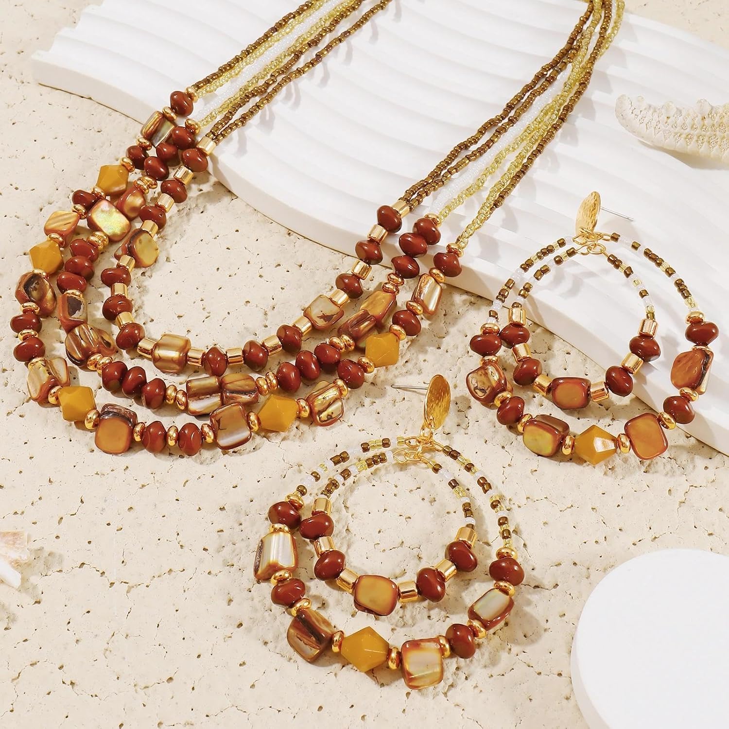 Coiris Layered Shell Beaded Necklace Earrings Jewelry Sets for Women Colorful Handmade Statement Chunky Costume Boho Fall Necklaces Earrings Jewelry Sets for Women - Image 6