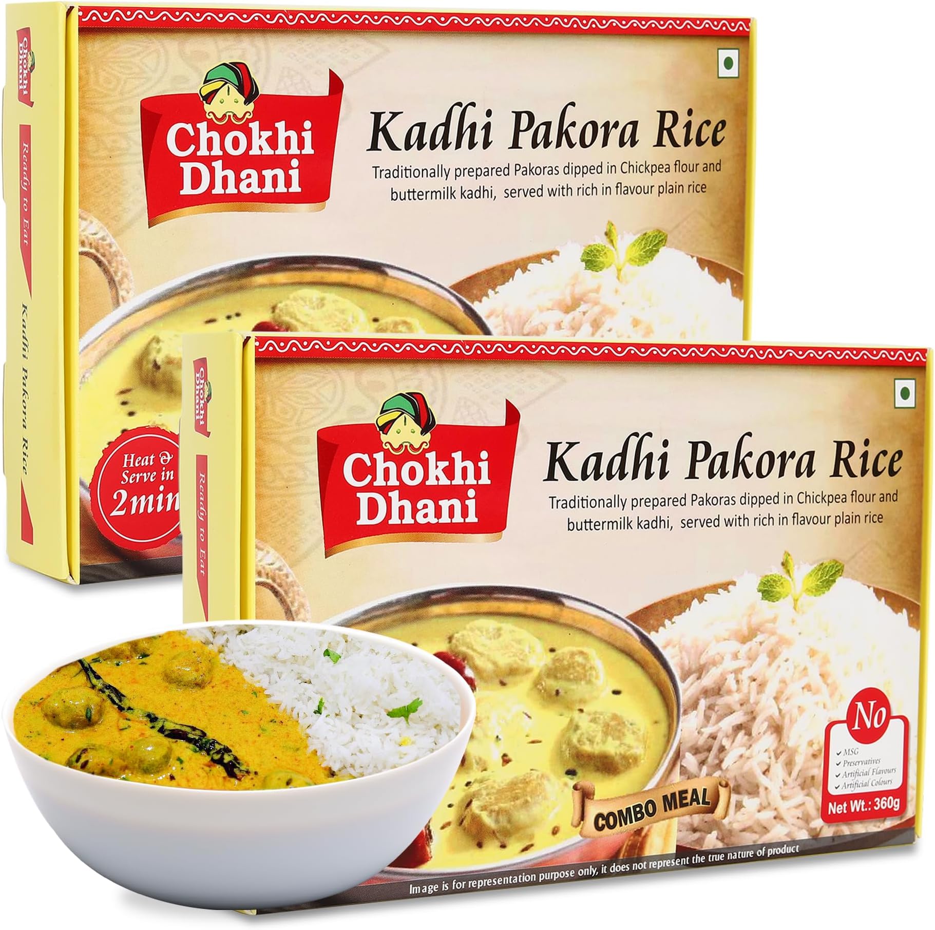 Chokhi Dhani Ready to Eat Kadhi Pakora Rice, Just Heat & Eat, Microwavable, (Pack of 2, 360g each)