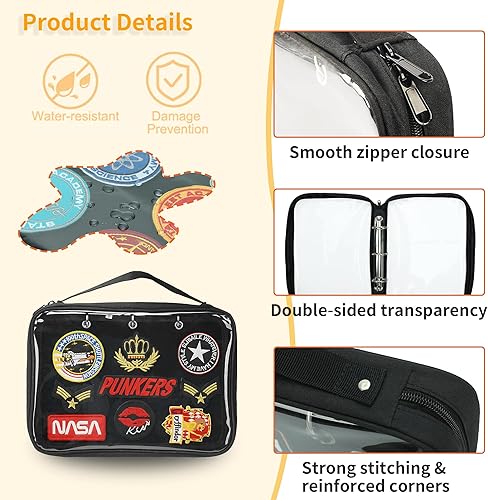 Miniatura 3 de Organizador de parches de página con cierre de cremallera transparente con carpetas de anillos de metal extraíbles, contiene 6 páginas abatibles