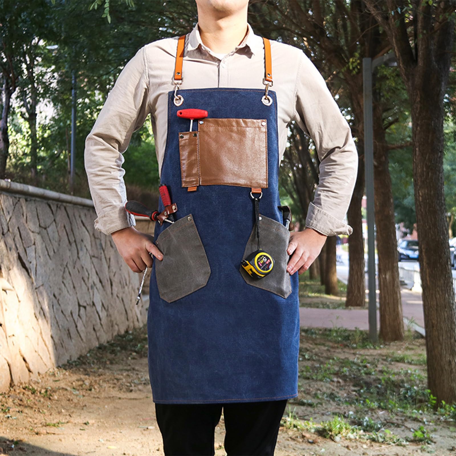 Delantal De Trabajo De Mezclilla Ajustable Tirantes Cruzados Delantales De Barbero Múltiples Bolsillos Para Hombres Y Mujeres Apto Para Cocina Jardinería Horneado Barbacoa