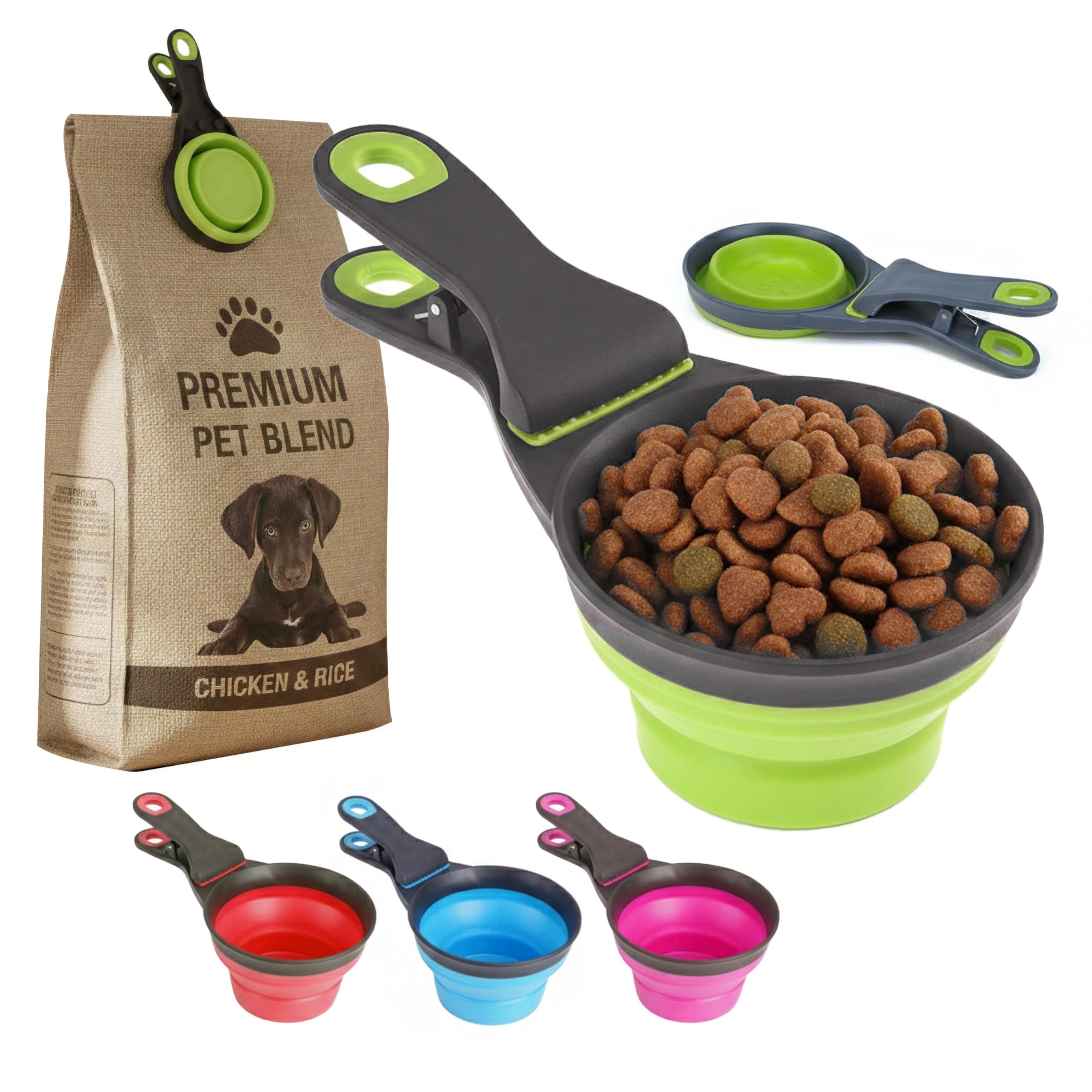 Mts Green 3 In 1 Collapsible Pet Food Scoop With Bag Clip - Silicone Dog Measuring Cup & Cat Feeding Bowl - Portable Travel Accessories 2 Cup Capacity For Portion Control, Dry Wet Kibble & Water