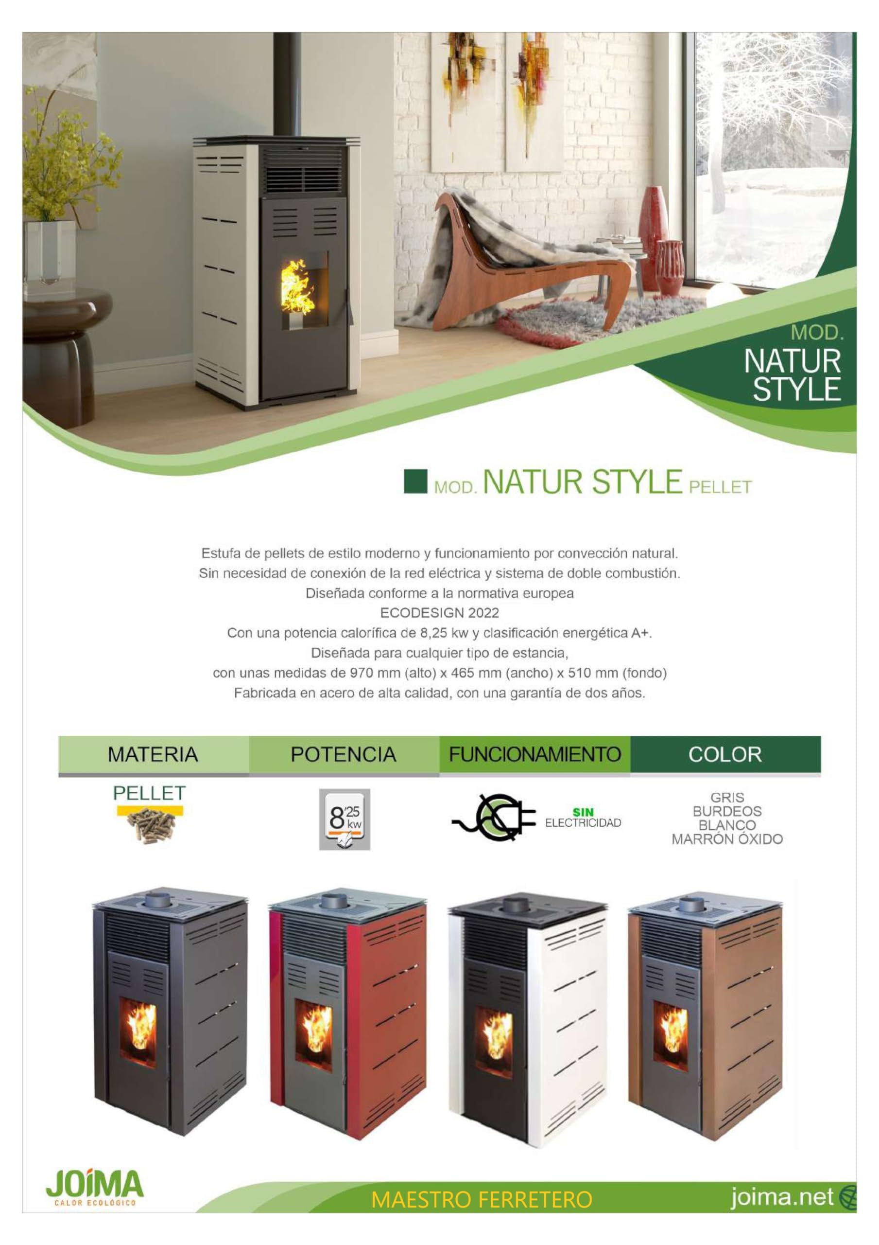 Poêle à granulés sans électricité modèle Natur Style 8 kW. Fonctionne sans connexion électrique. Couleur blanche