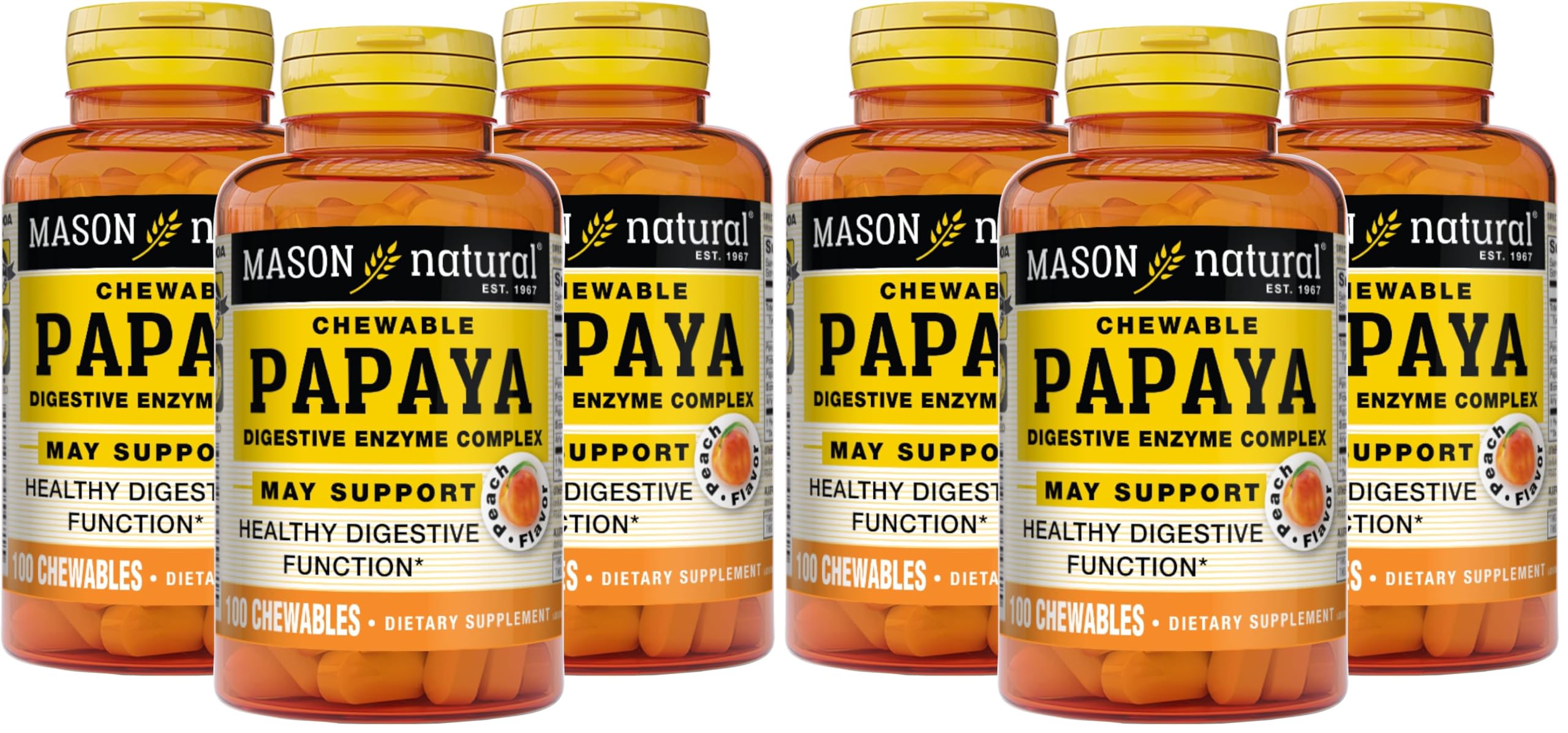 MASON NATURAL Papaya Digestive Enzyme Complex - Healthy Digestive Function, Promotes Nutrient Absorption, Peach Flavor, 100 Chewables (Pack of 6) 100 Count (Pack of 6)