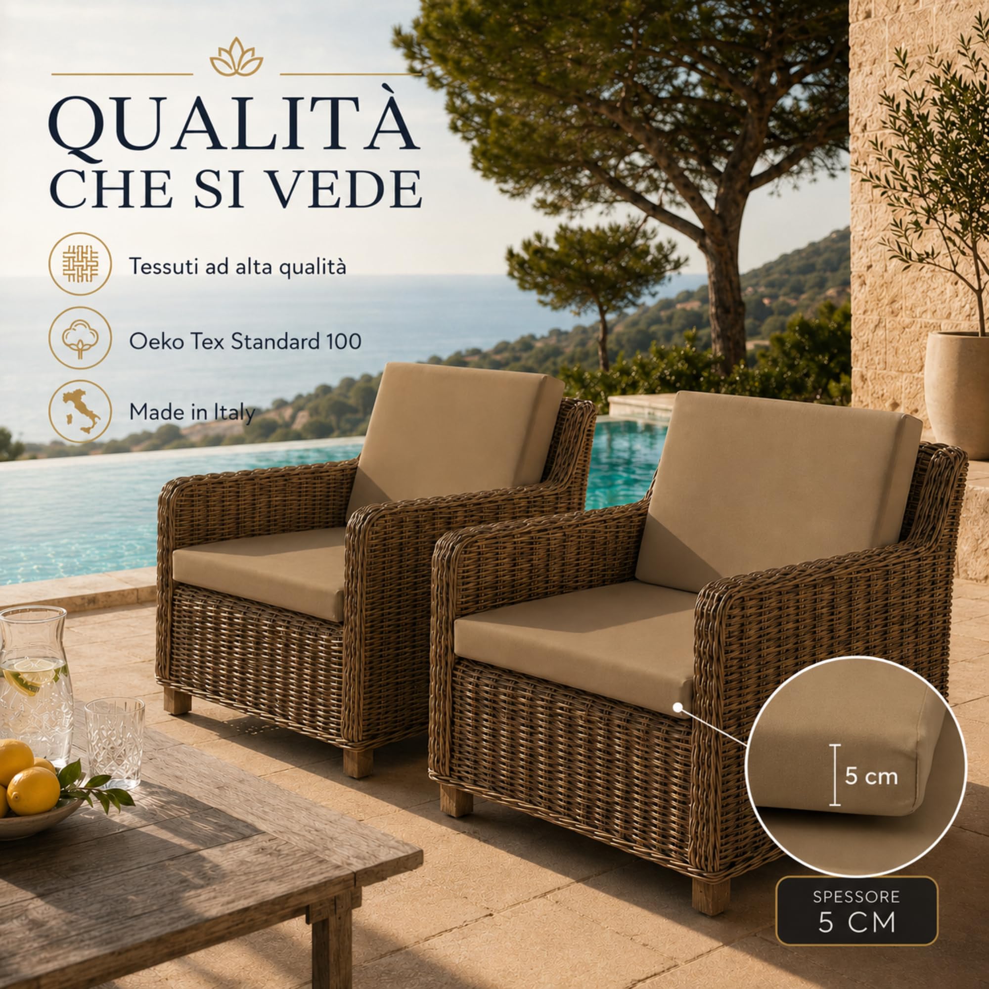 Cuscini Per Divano Esterno Giardino e Poltrone, 57 x 51 x 5cm, Alta Qualità | Set 2 Sedute e 2 Schienali Sfoderabili e Lavabili, Imbottitura Poliuretano, Tessuto Oeko Tex, Grigio, Made in Italy Tecnocuci