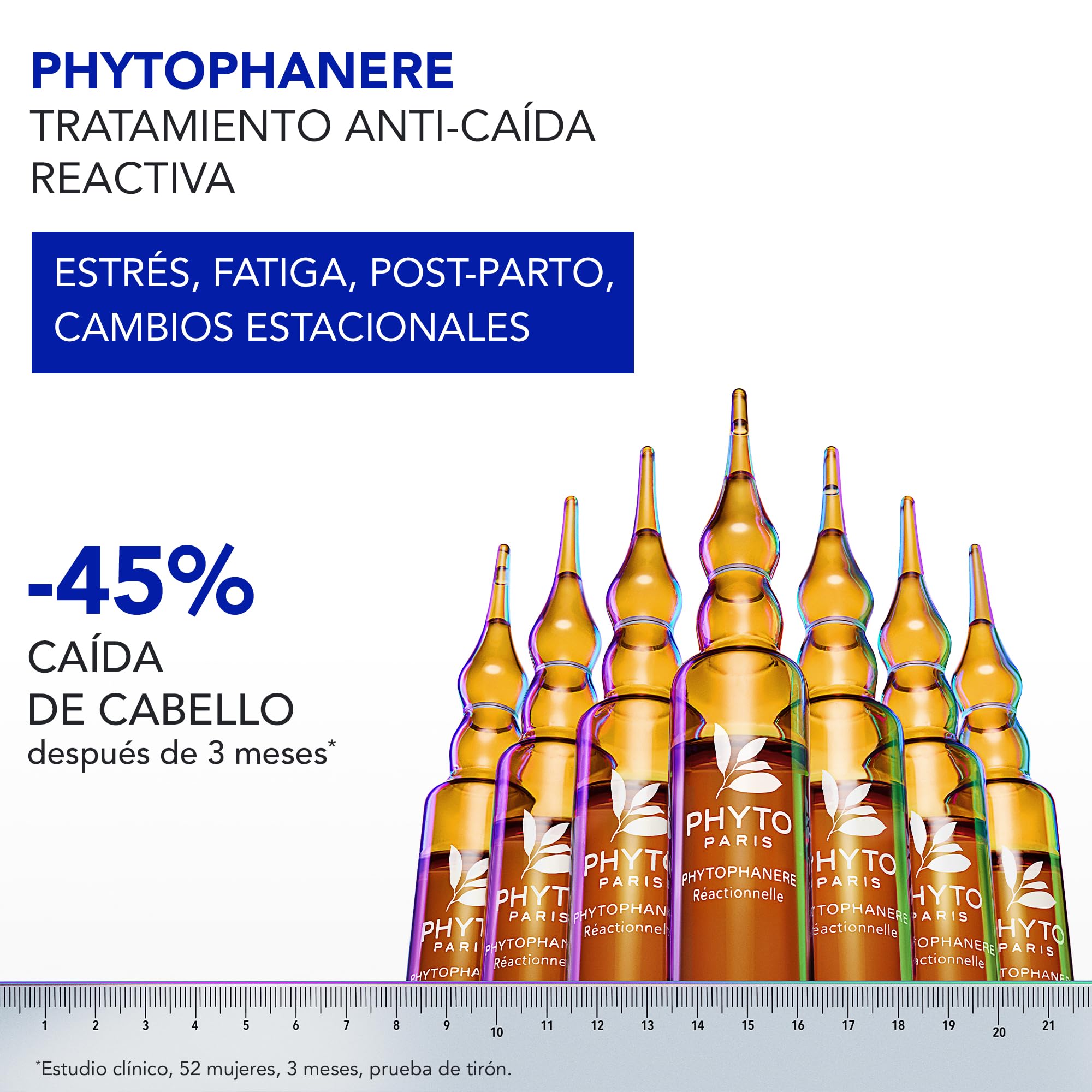 Phyto Paris - Phytophanère - Tratamiento Anticaída Reactiva 12 Ampollas x 5ml - Biotina - Zinc - Ácido Fólico - Frena la Caída por Estrés y Postparto