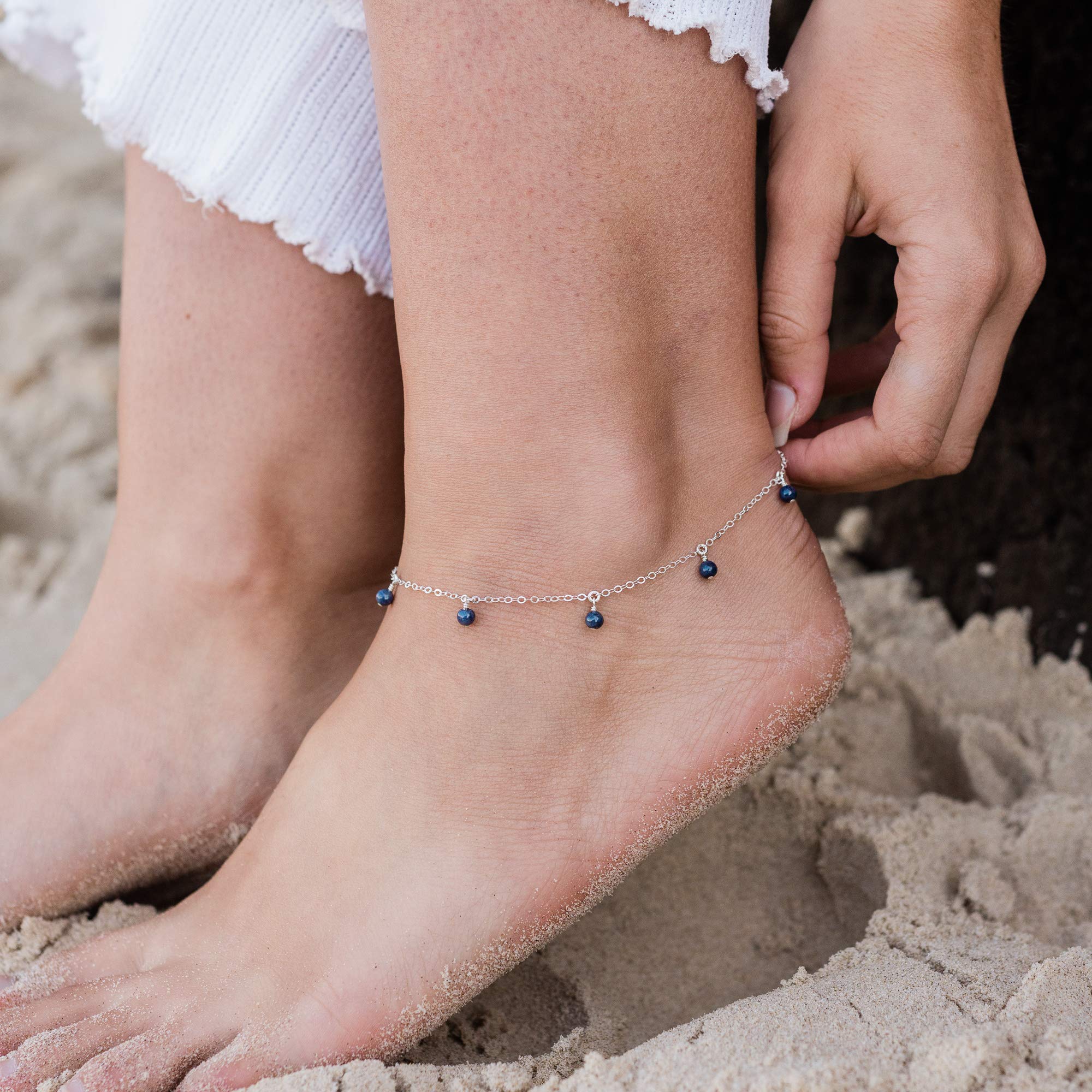 Luna TideSapphire Bead Drop Anklet in Sterling Silver