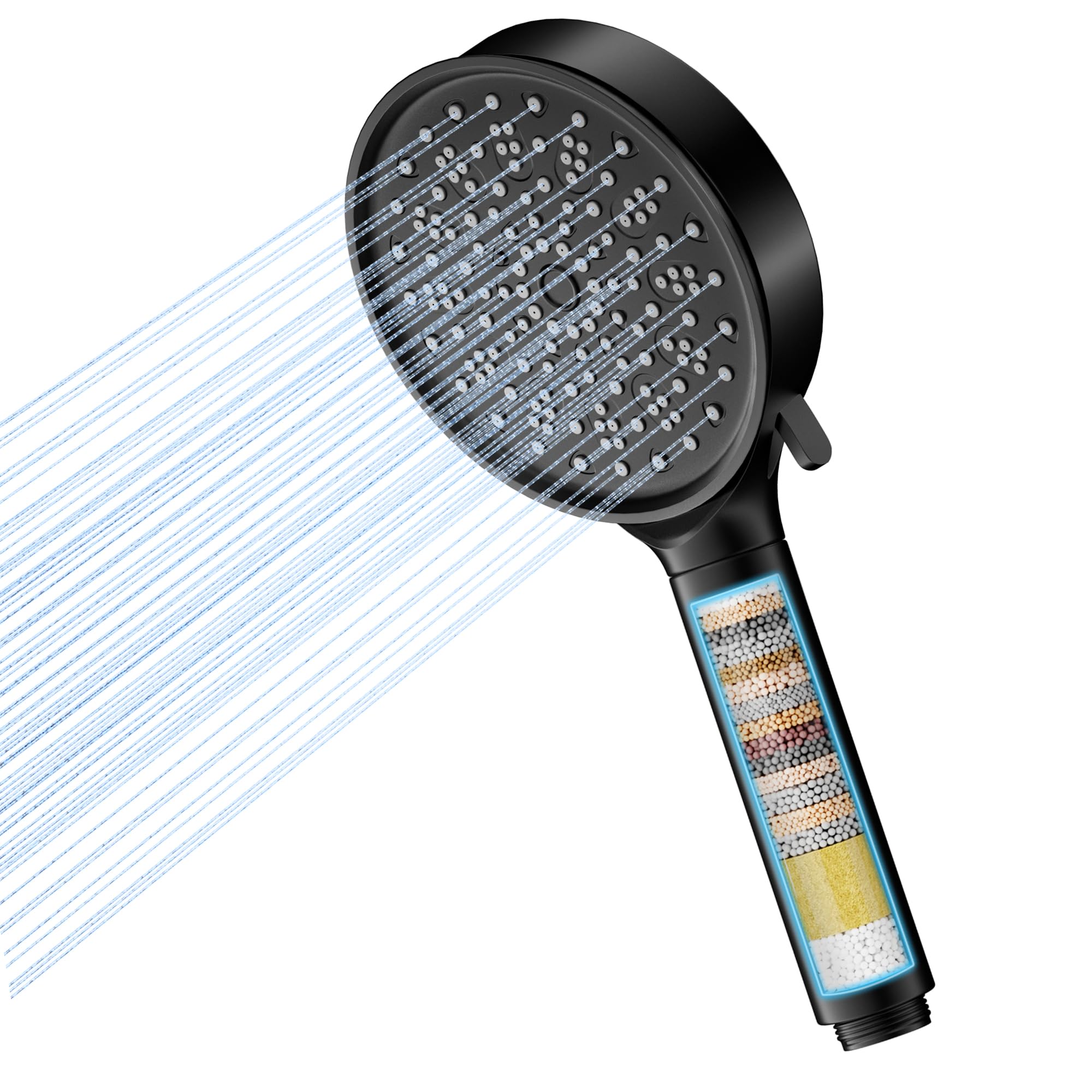 Hard Water Filter Shower Head with 6 Spray Modes, High Pressure Water Saving Shower Head with 20 Layers Filtration, Power Shower Heads with Showerhead Filter for Residual Chlorine Remove, Black
