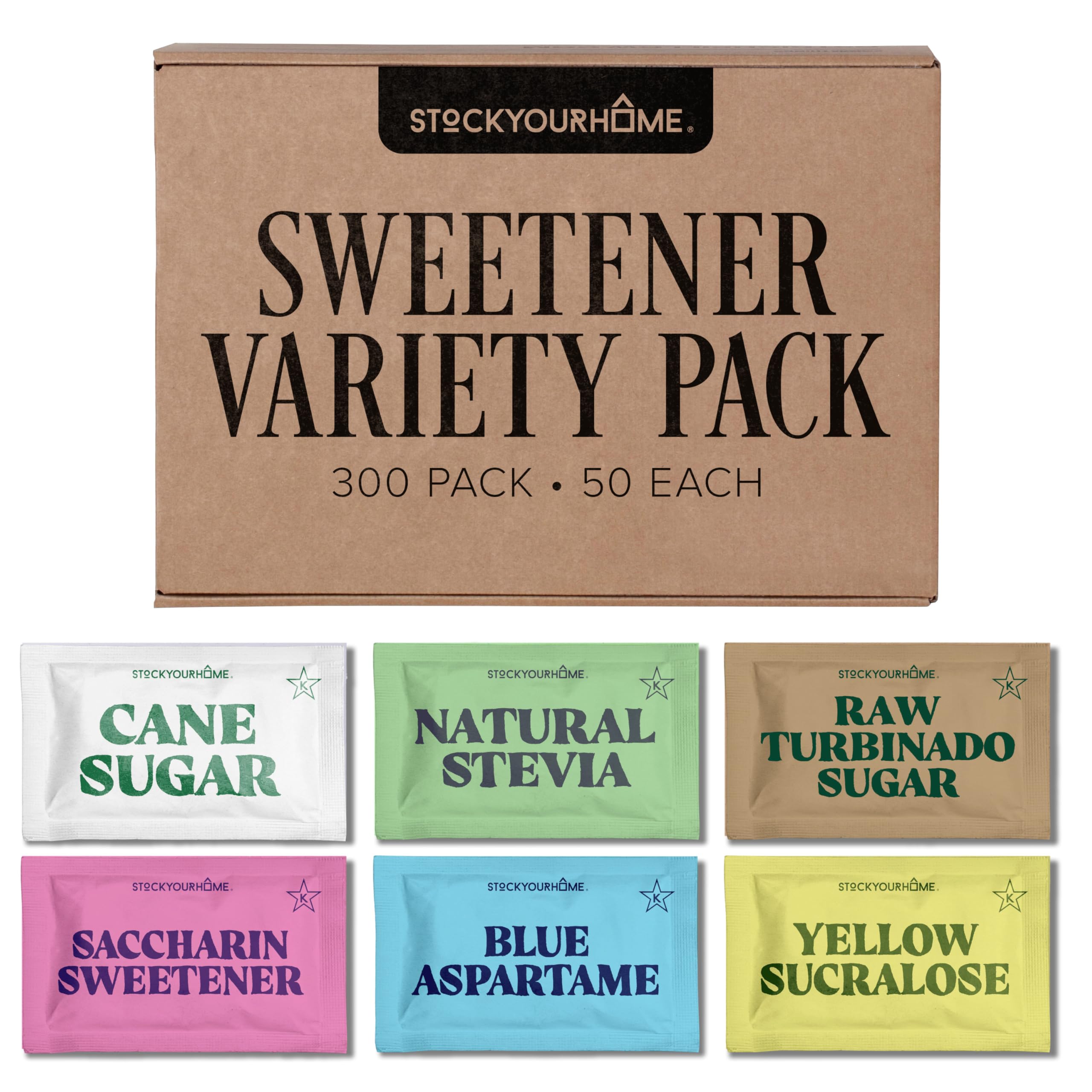 Sweetener Variety Pack, 300 Count (50 Each) – Sugar, Raw Turbinado, Saccharin, Stevia, Aspartame & Sucralose Packets for Coffee, Tea, Offices,
