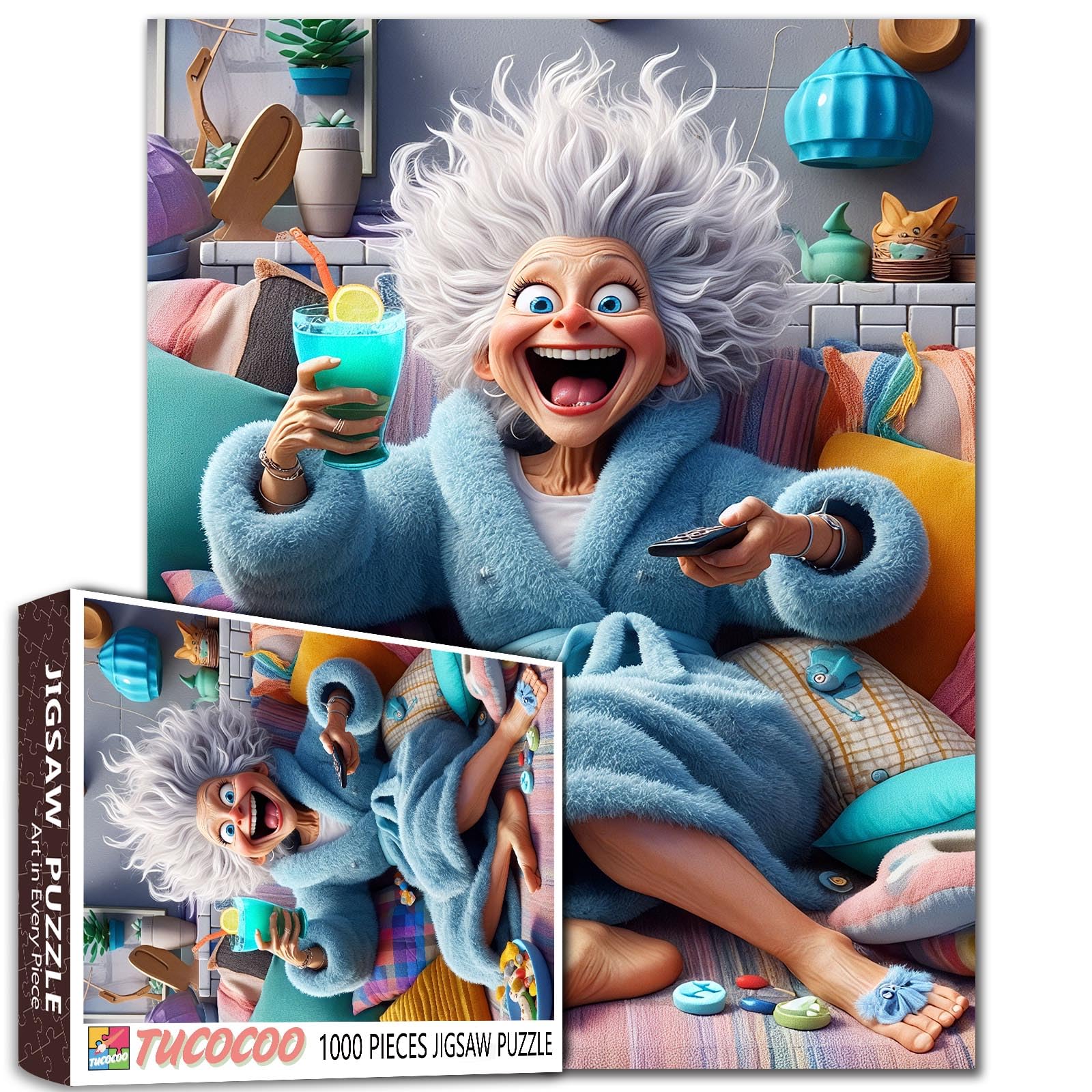 1000 Piece Jigsaw Puzzle, Relaxing Leisure Scene with Blue Robe, Cosy Home Decor Older Women DIY Puzzles for Challenging Family Activity Games Elderly Lady Art Home Wall Decor Craft Gifts