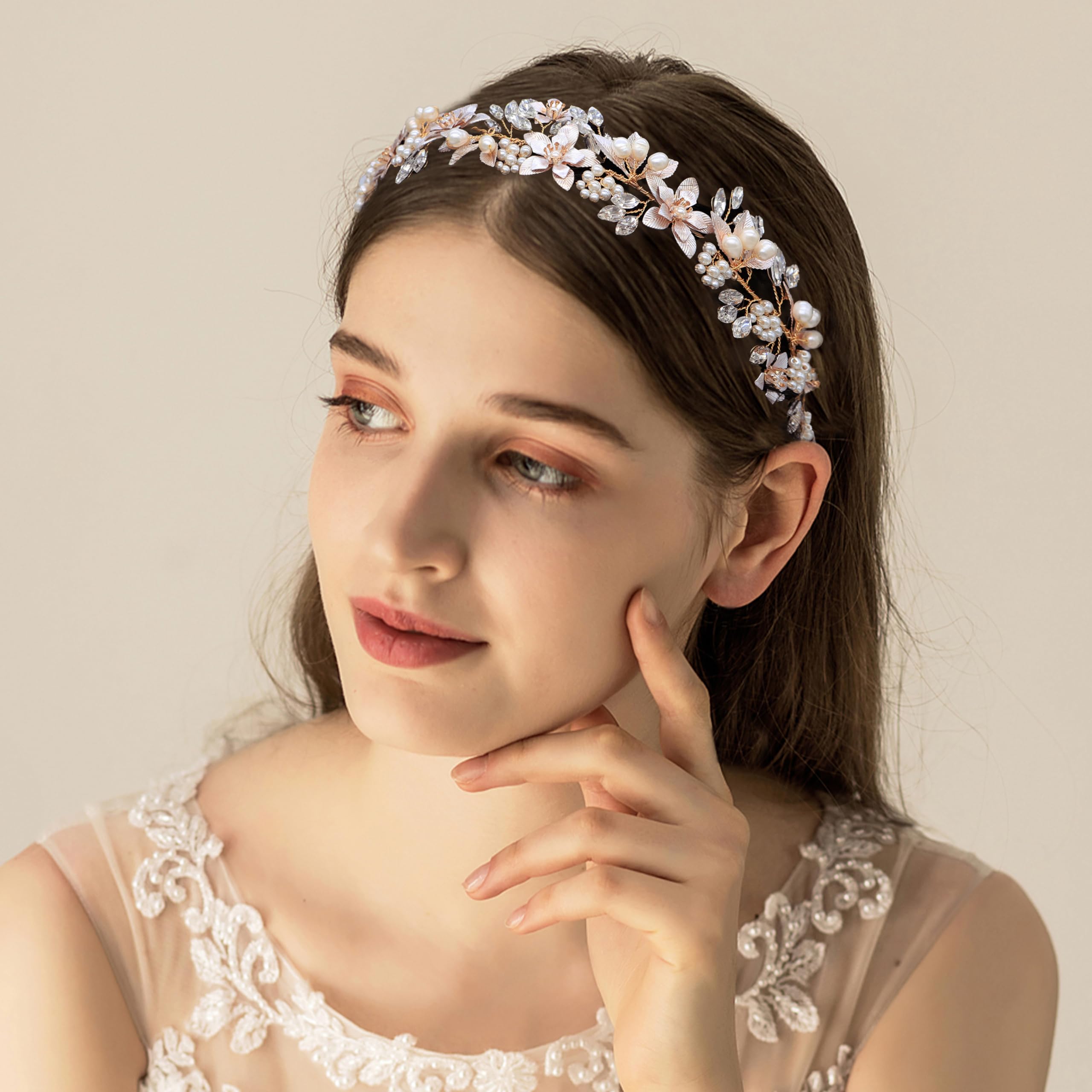Oriamour Hochzeit Stirnband Brautschmuck Kopfschmuck Blume mit echten Süßwasserperlen und Schleifen Haarschmuck für Braut