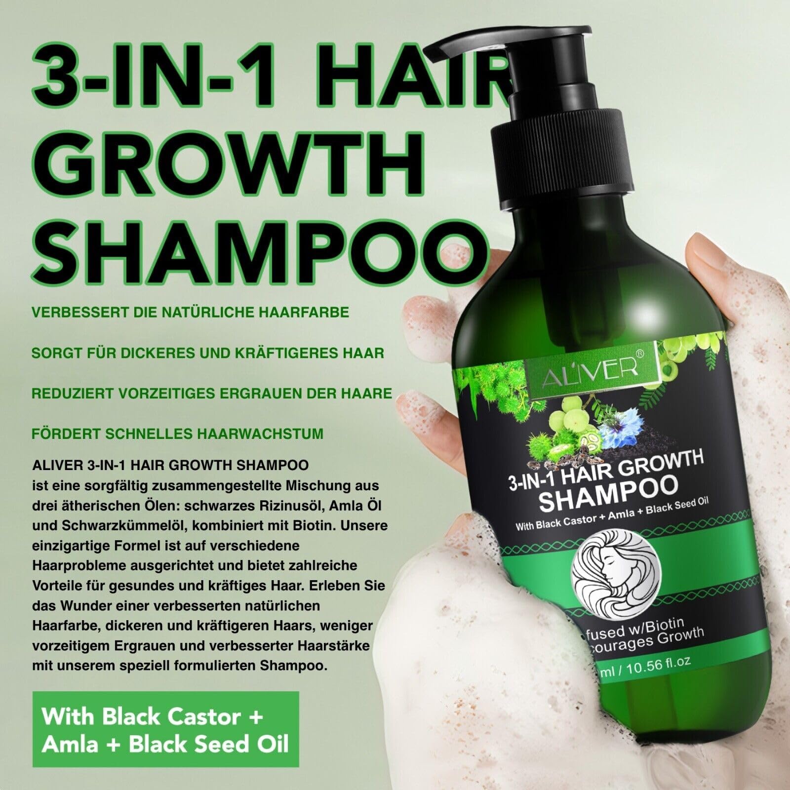 P-BEAUTY szampon na porost włosów 3 w 1, 3 x 300 ml, z olejkiem rycynowym, amla i olejkiem z czarnuszki, do pielęgnacji skóry głowy, wspomaga gęste i błyszczące włosy, wegański