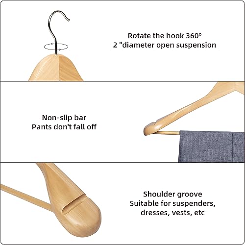 Miniatura 4 de DYHOME Natural Wooden Coat Hangers,6-Pack Wide Shoulder Notches Wooden Suit HangersNon-Slip Pants StripsChrome 360 Degree Rotating Hooks, Shirts,