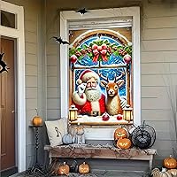 Vista 7 de Cubierta de ventana de Navidad de 31 x 47 pulgadas, cubierta de ventana de escena de reno de Papá Noel con guirnalda, panel de pared de bosque